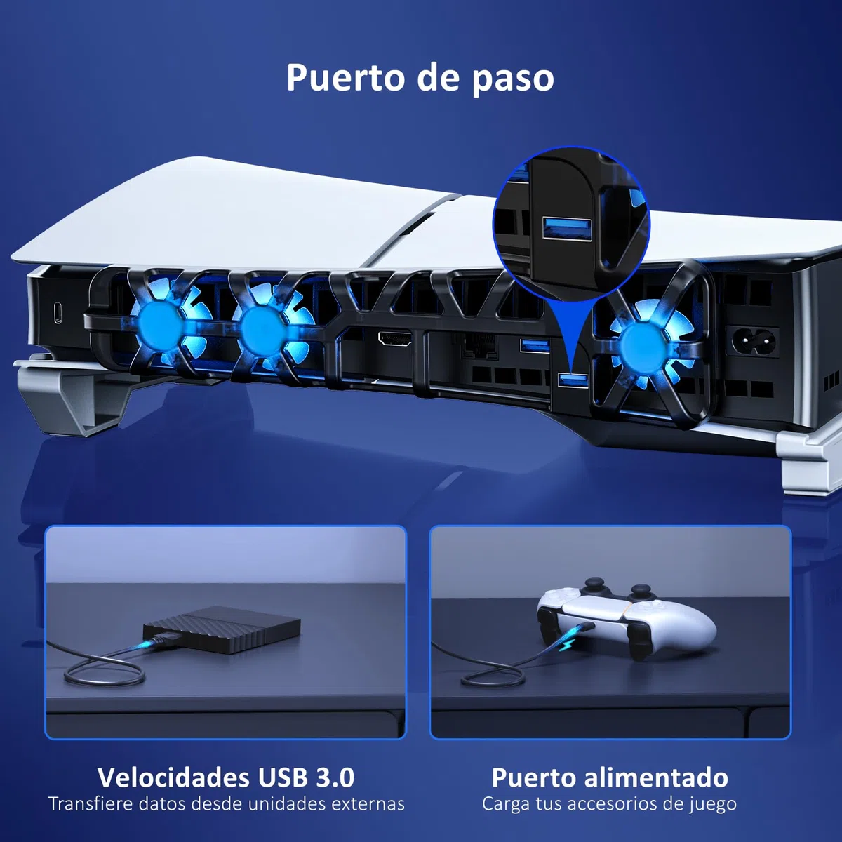 NexiGo PS5 - Soporte Horizontal Delgado con Ventilador de refrigeración silencioso Mejorado, Velocidad Ajustable, [bajo Nivel de Ruido], [Encendido y Apagado automático], Puerto USB 3.0, luz LED