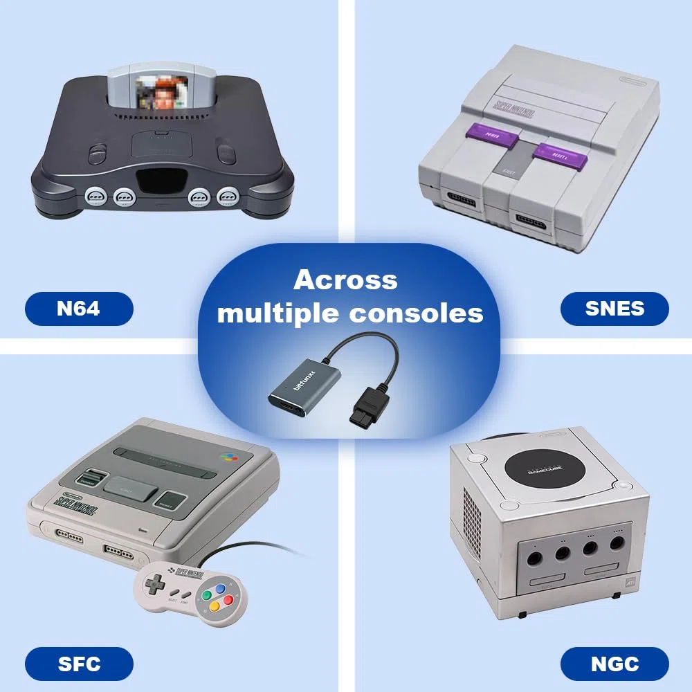 BITFUNX Adaptador HDMI N64/NGC/SFC/SNES – Compatible con Auto SV y AV e Interruptor 16:9/4:3, Adaptador de Videojuegos Plug & Play sin retraso