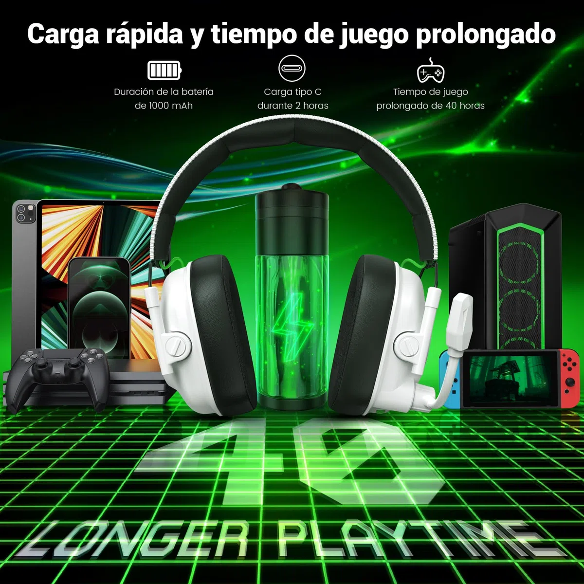 Krysenix 2,4 GHz Cascos Gaming Inalámbricos para PS5, PS4, PC, Mac, Switch, Auriculares Inalámbricos Bluetooth 5.4 con micrófono, Cancelación de Ruido, Duración 40Hr, Luz LED, Blanco Puro