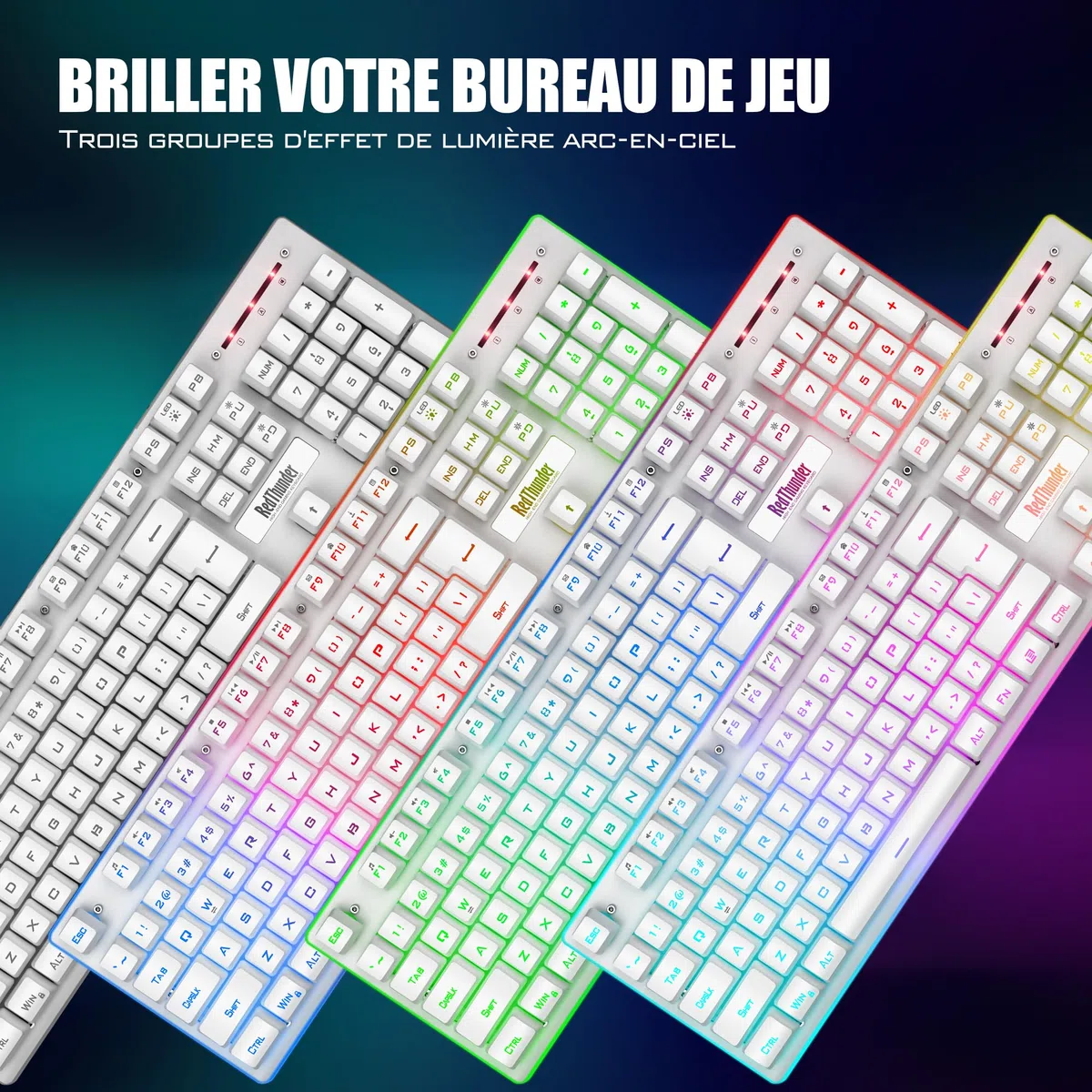 RedThunder K10 Teclado Gaming Sensación Mecánico Inalámbrico,Retroiluminación RGB,Batería Recargable de 3800 mAh, Anti-ghosting+Ratón 7D 3200DPI,AZERTY FR,para PC/PS5/Xbox-Blanco