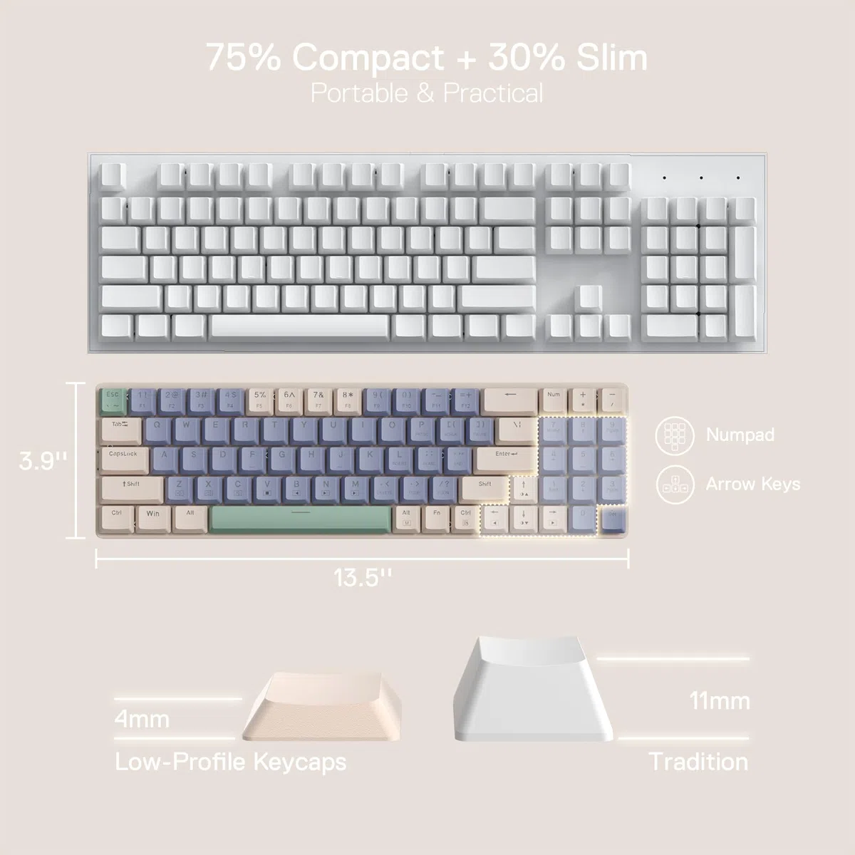 Redragon BS135 - Combo de teclado y mouse inalámbricos, 75% 78 teclas, 2.4 GHz, teclado mecánico inalámbrico de bajo perfil con batería recargable, luz negra azul única, mouse ergonómico de 2400 DPI