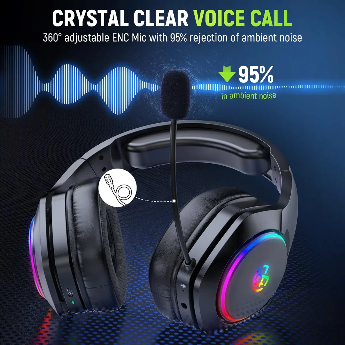 Tatybo Cascos Gaming Inalámbricos para PC/Ps5/Ps4, Auriculares Gaming Inalámbricos con 2,4 GHz+Bluetooth 5,3 Modo Dual, 7.1 Sonido Envolvente, Duración 40Hr+