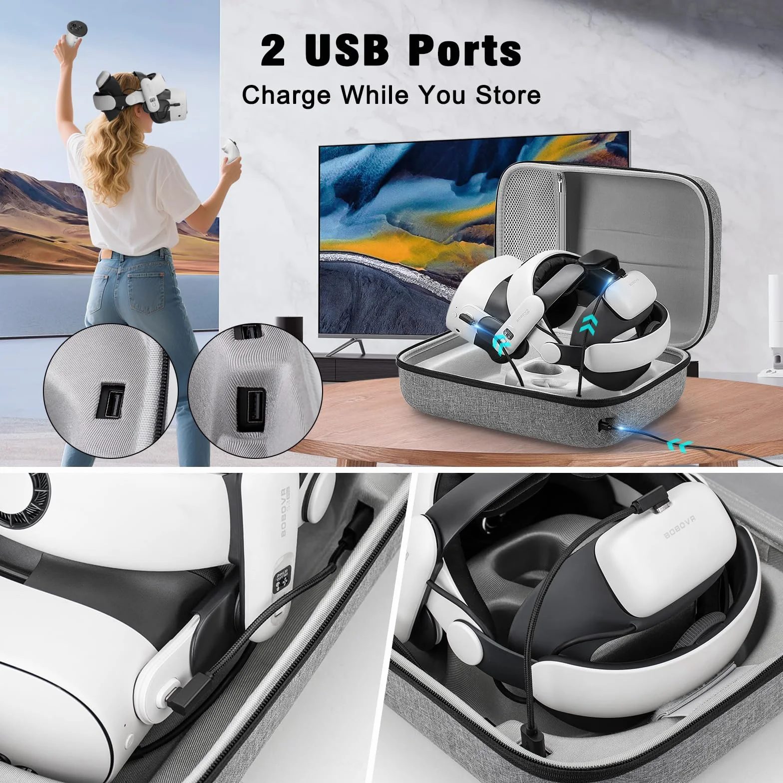 Jubor Funda de Gran Transporte Compatible con Quest 3S/3/2/Pico 4, Estuche Protectora Rígida Compatible con Kiwi Design/BOBOVR Battery Elite Strap y Otros Accesorios, Bolsa con Puerto de Carga