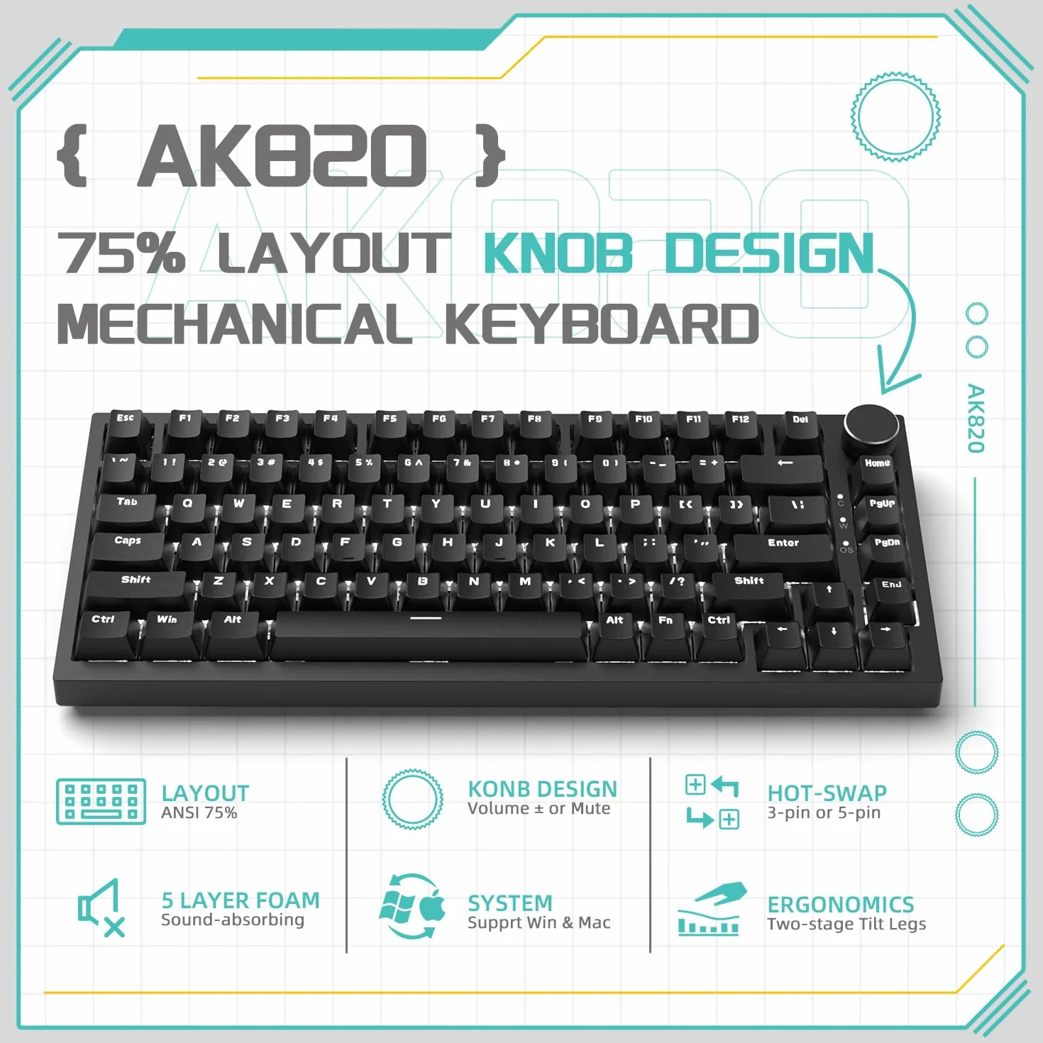 YINDIAO Ajazz AK820 Teclado Mecánico con Perilla,Diseño 75% ANSI,82 Teclas,Teclado para Juegos con Cable,5 Espumas Absorbentes de Sonido,Hot-Swap,Interruptor Rojo,Luz Blanca Hielo,para PC,Mac (Negro)