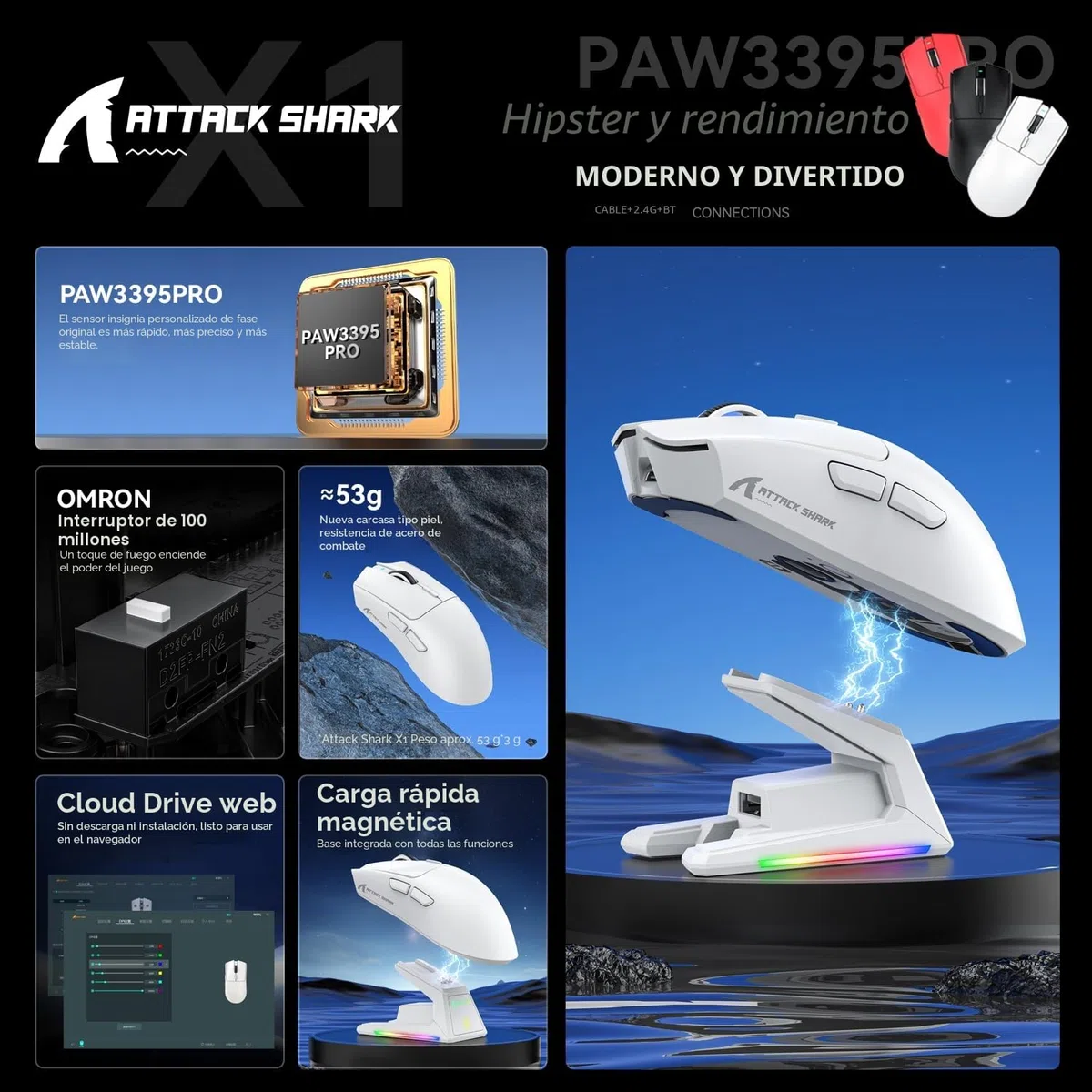 ATTACK SHARK X1 Gaming Mouse with Touchpad RGB Charging Dock, PixArt PAW3395PRO Gaming Sensor, BT/2.4G Wireless/Wired Gaming Mouse, 40000 dpi, 53g Superlight Gamer Mice for Win11/Xbox/PS/Mac (Black)