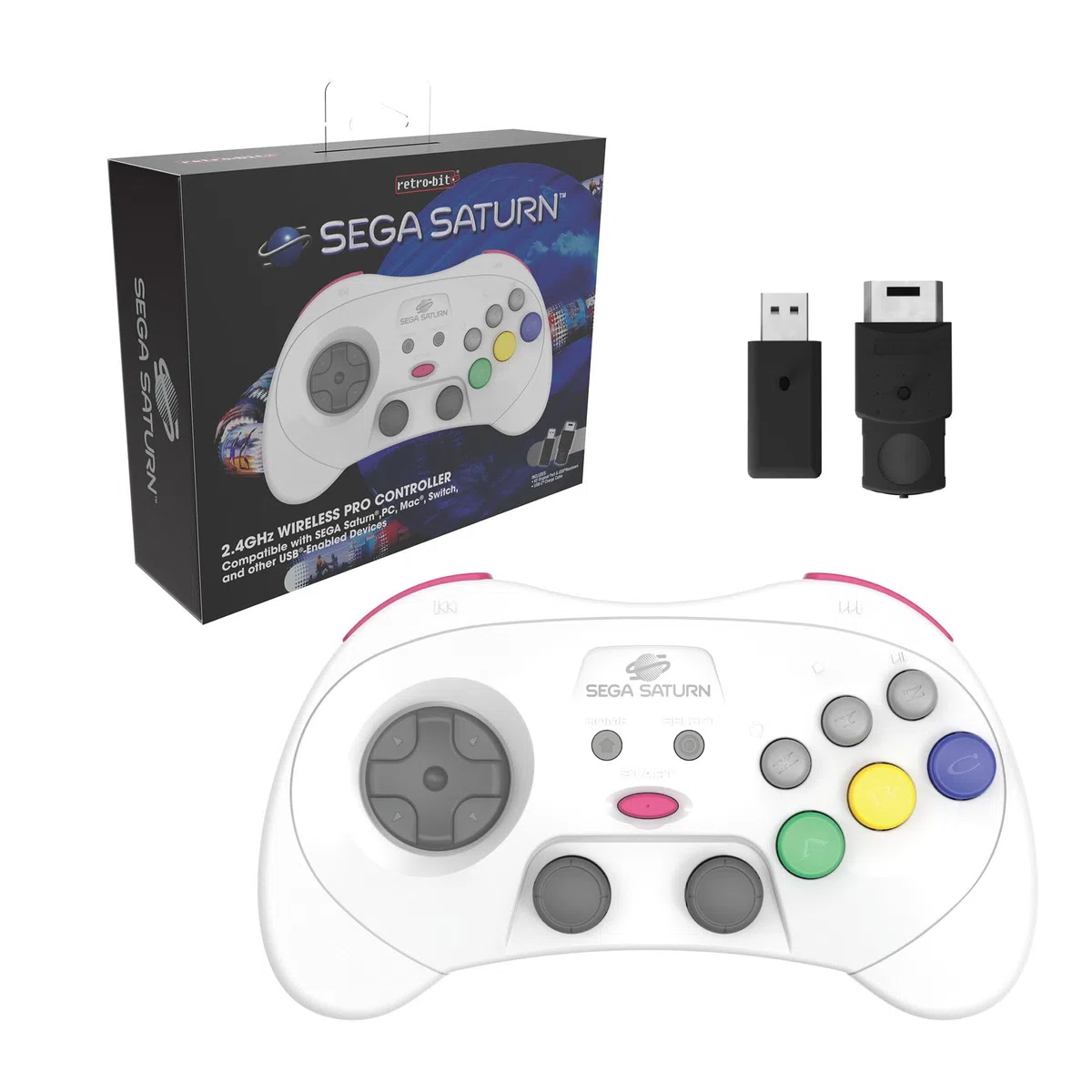 Retro-Bit SEGA Saturn Pro - Controlador inalámbrico para Nintendo Switch (2,4 GHz, incluye receptor Saturn y USB, edición blanca)