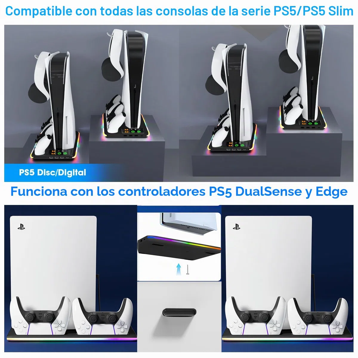 Soporte para PS5 y PS5 Slim con Ventilador de 3 Velocidades, Cargador para PS5 & Edge Mando con Luz RGB y 3 USB HUB, para Disc & Digital(Negro)