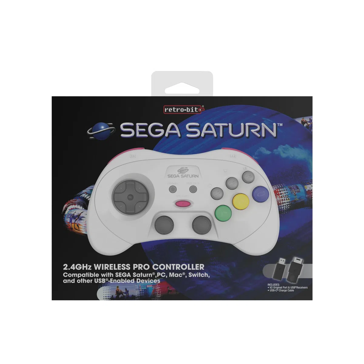 Retro-Bit SEGA Saturn Pro - Controlador inalámbrico para Nintendo Switch (2,4 GHz, incluye receptor Saturn y USB, edición blanca)