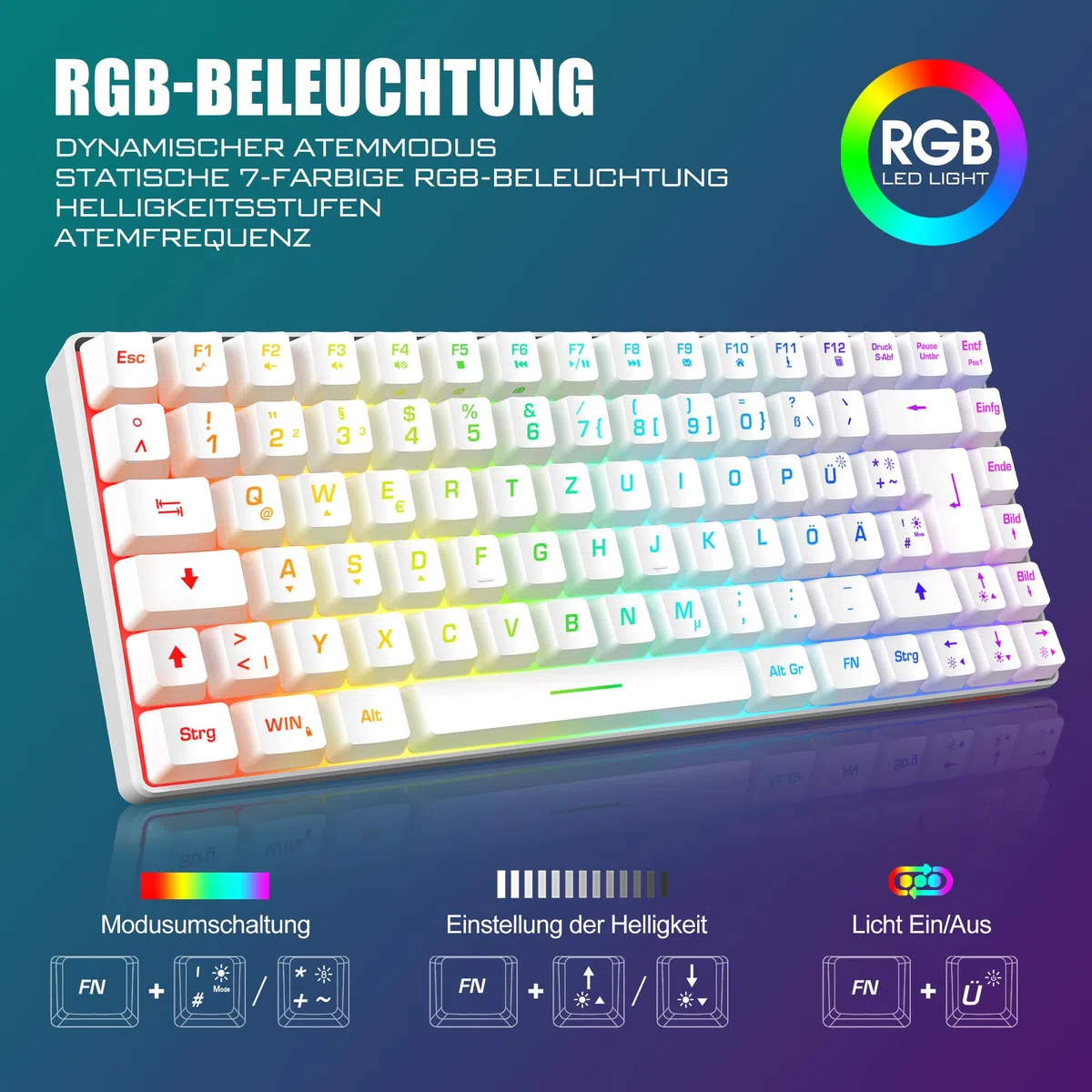 RedThunder 75% Teclado Inalámbrico Gaming,Retroiluminación RGB,Ratón Celular Ligero de 3200 dpi,Teclado Ultra-Compacto 85 Teclas Anti-ghosting,Disposición DE,para PC/PS5/Xbox(Blanco)