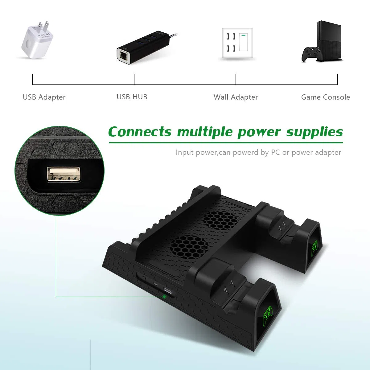 Soporte de refrigeración para Xbox One/One S/One X, estación de carga vertical con 2 baterías de 600 mAh, almacenamiento de juegos, estación de carga de doble mando