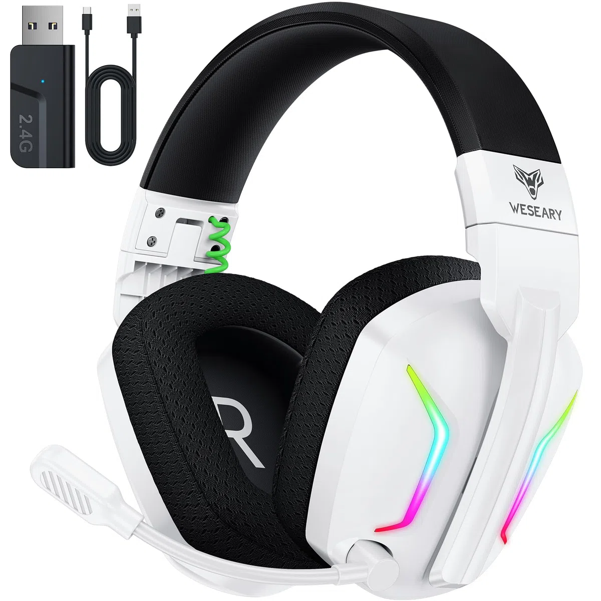 WESEARY WG1 Cascos Gaming Inalambricos, Auriculares Gaming Inalambricos para PS5, PS4, PC, Switch, Sonido Estéreo Auriculares Gaming con Microfono, Cascos con Luz LED, Duración 50Hr+
