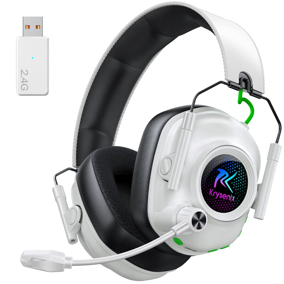 Krysenix 2,4 GHz Cascos Gaming Inalámbricos para PS5, PS4, PC, Mac, Switch, Auriculares Inalámbricos Bluetooth 5.4 con micrófono, Cancelación de Ruido, Duración 40Hr, Luz LED, Blanco Puro