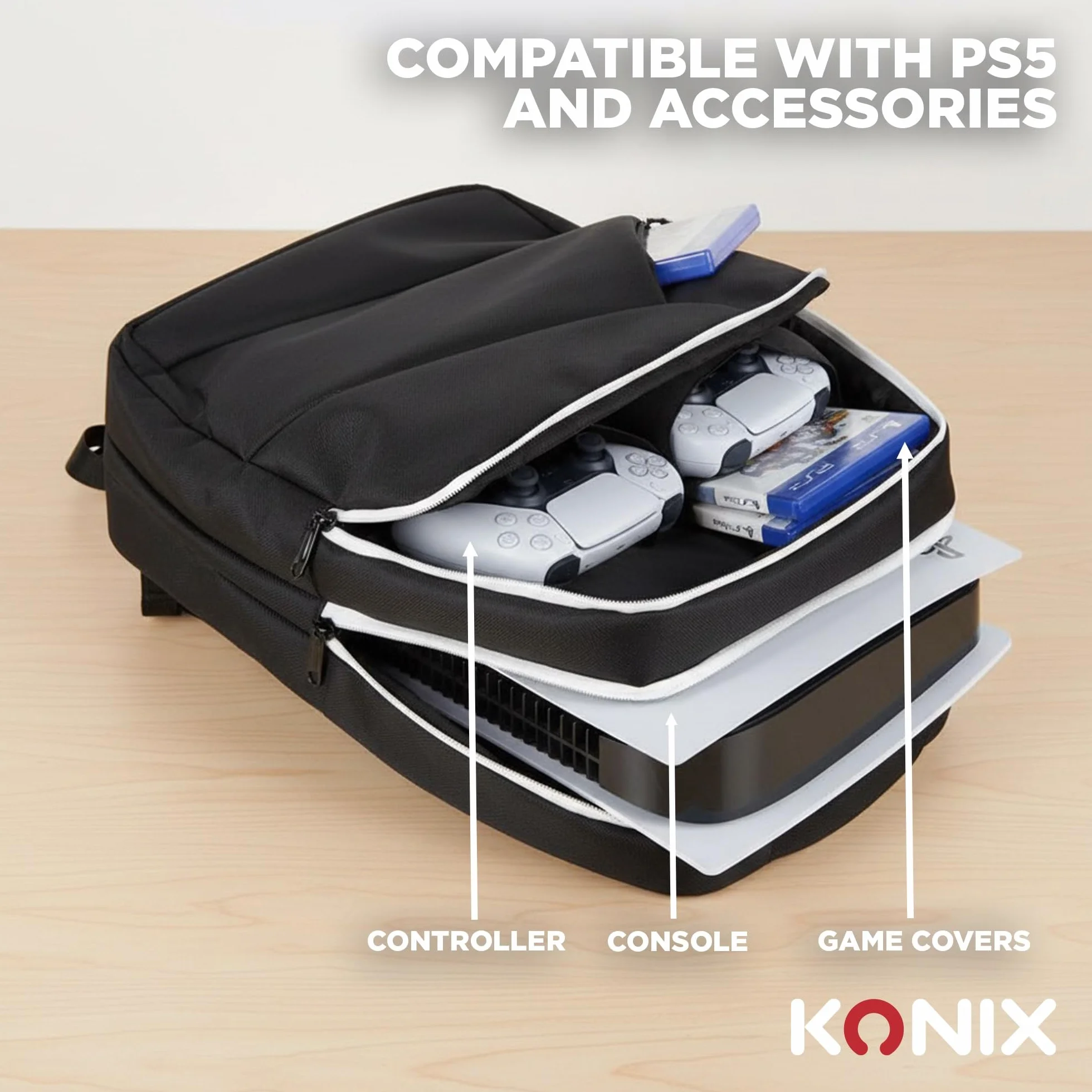 Konix Mythics Titan Mochila para Almacenamiento y Transporte de Consola y Accesorios PS5 - Volumen 16 l - 30 x 10 x 47 cm - Negro y Blanco