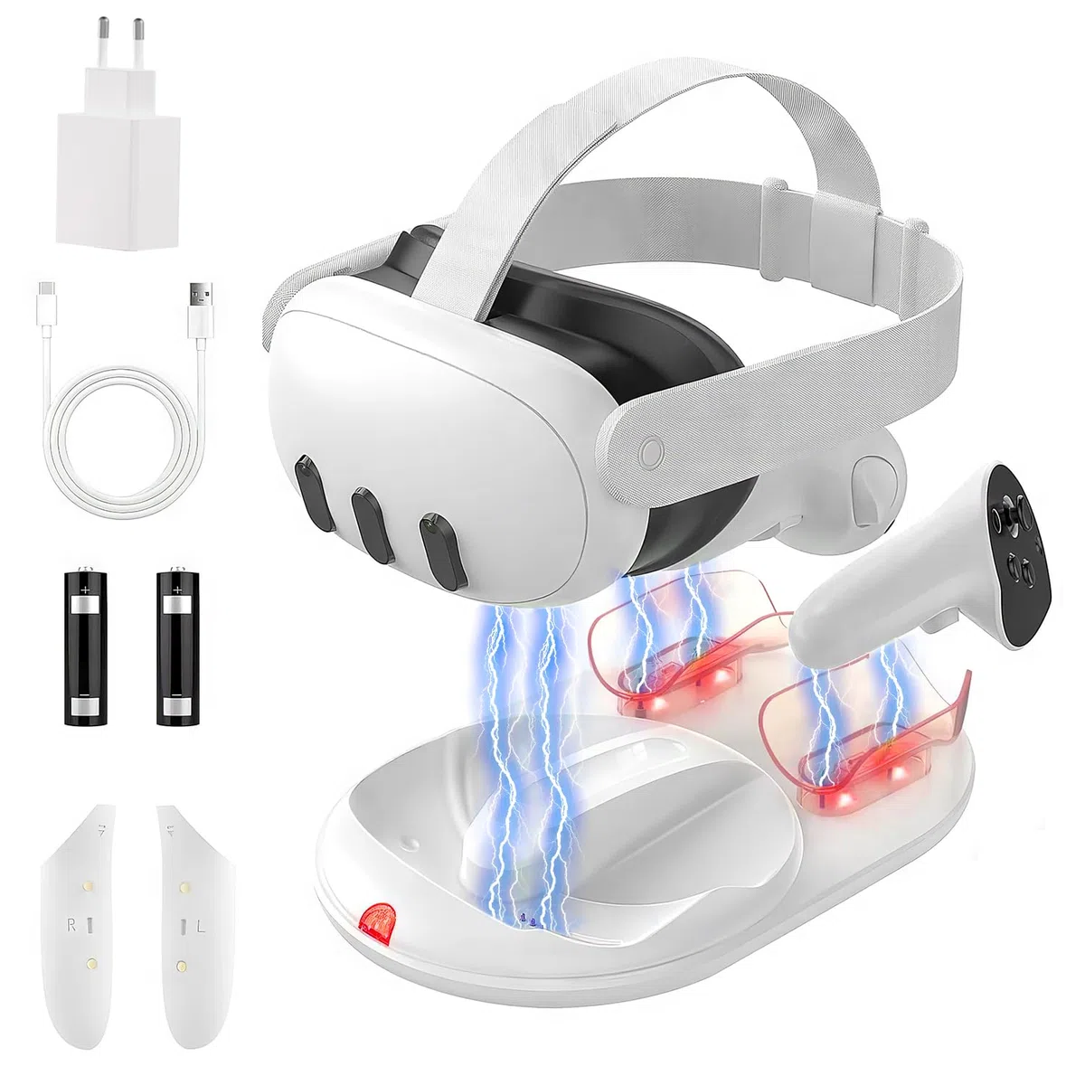 GEEKERA Estación de Carga Compatible con Quest3 Headset, Cargador Magnético para Auriculares y Mandos, Accesorios VR, Estación de Carga Rápida con Adaptador de 18 W/2 Baterías Recargables