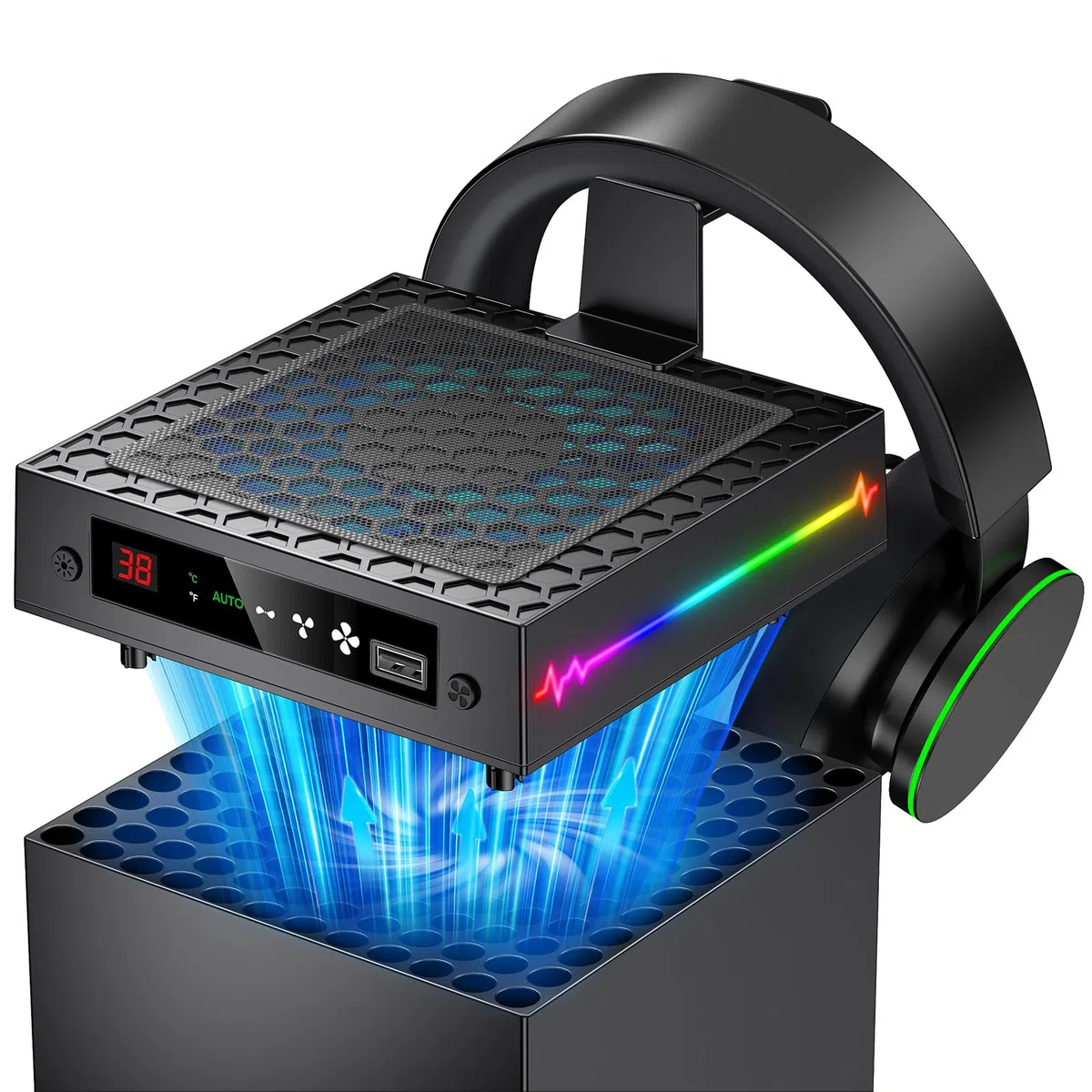 Pantalla LED: ventilador de refrigeración automática para Xbox Series X con 9 modos de luz RGB, sistema de refrigeración ajustable por temperatura con 4 engranajes para consola Xbox Series X