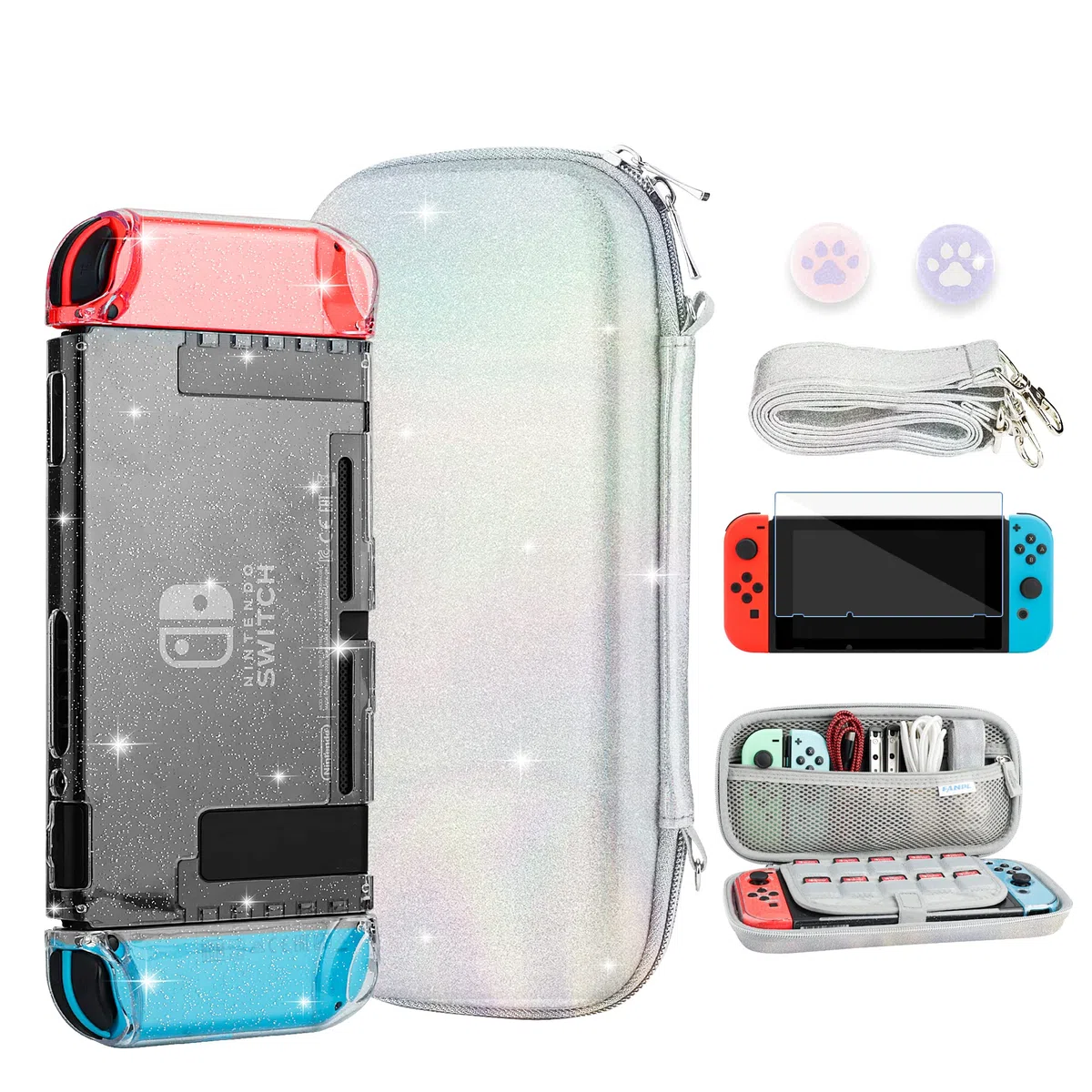 FANPL Funda con Purpurina para Accesorios de Nintendo Switch, Funda de Transporte Rainbow Sparkle para Switch y Joy con con Protector de Pantalla, 2 agarres para el Pulgar, Correa para el Hombro