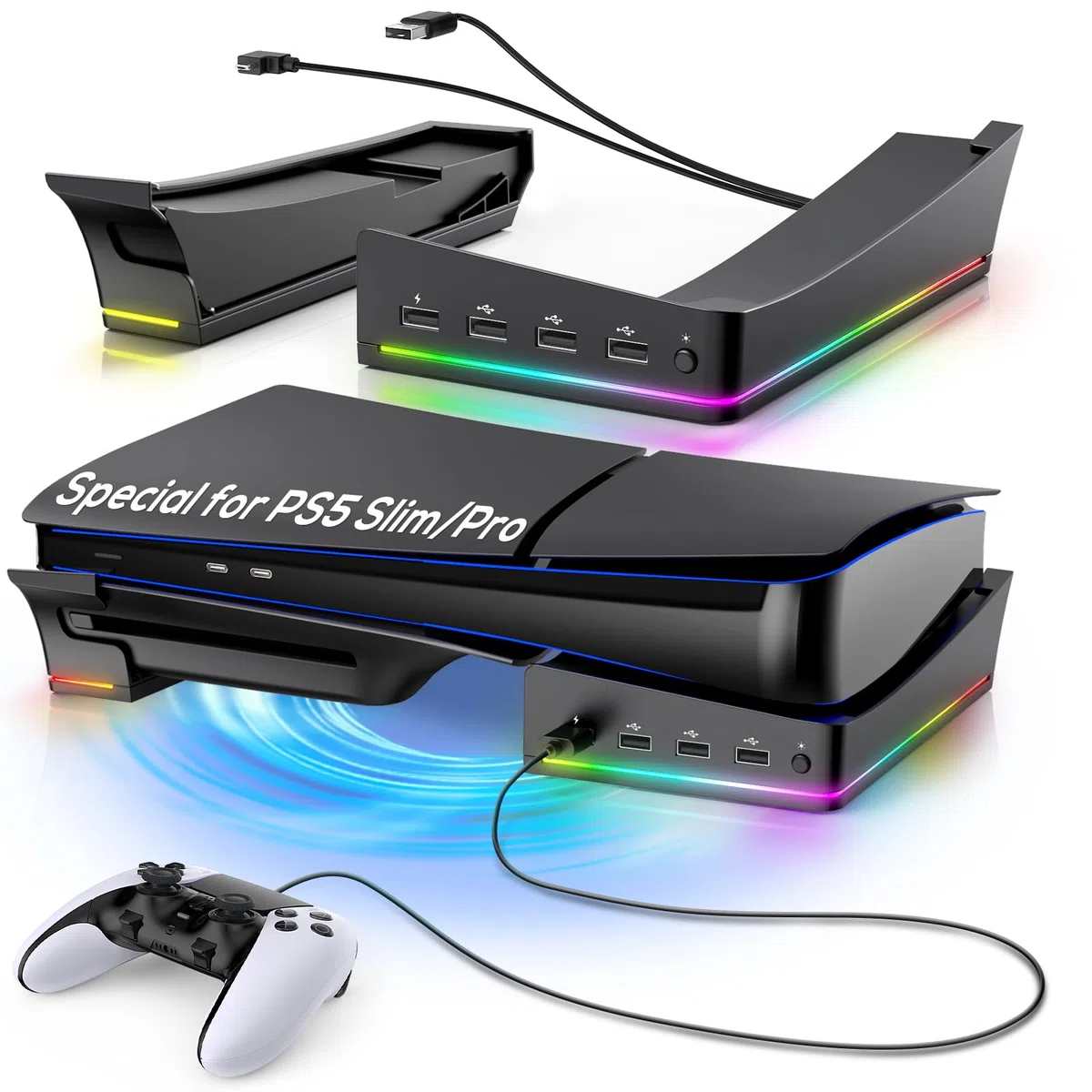 Soporte horizontal con luz RGB para PS5 Slim, soporte de base para Playstation 5 Slim Disc/edición digital con 14 luces coloridas y 4 puertos USB, soporte estable para accesorios delgados de PS5