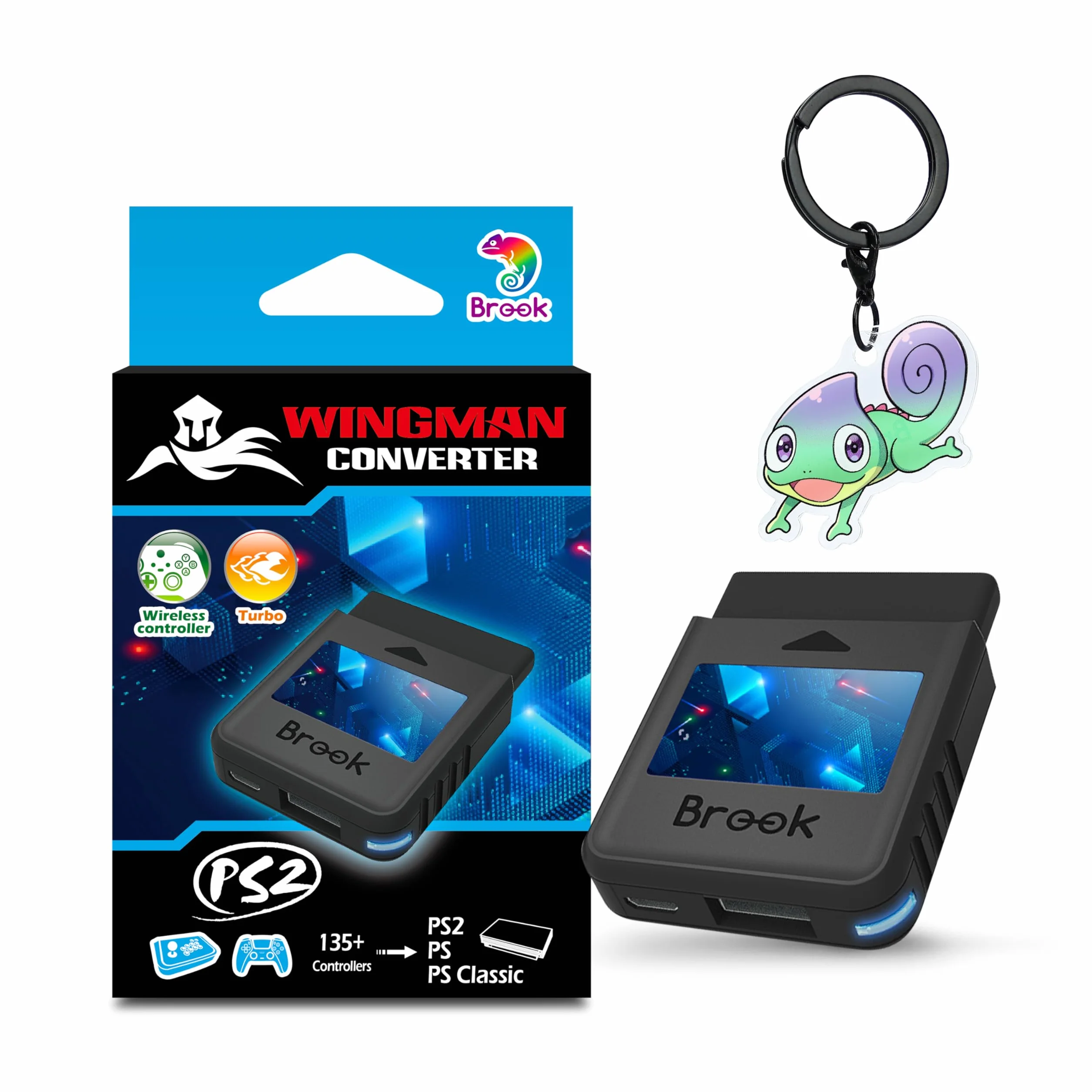 Brook Wingman PS2 Converter – Adaptador inalámbrico con Llavero para mandos Xbox 360 / Xbox Original y PC, también Compatible con PS5 / PS4 / PS3 / Switch Pro → PS2 / PS1 / PS Classic