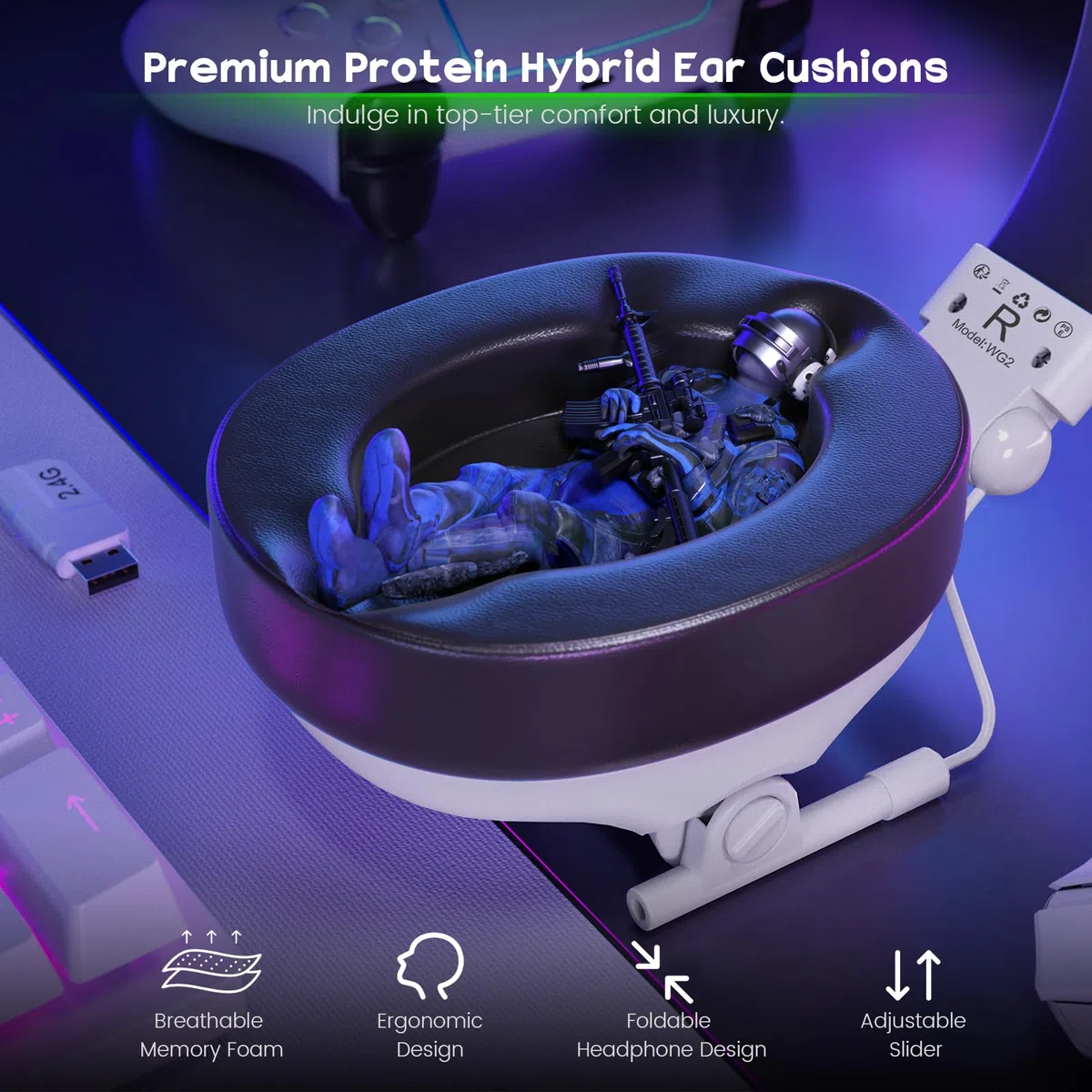 WESEARY WG2 Cascos Gaming Inalambricos, Auriculares Gaming Inalambricos de 2.4G para PS5, PS4, PC, Switch, Sonido Estéreo 7.1 Auriculares con Microfono, Cascos Gaming con Luz LED, Duración 50Hr+