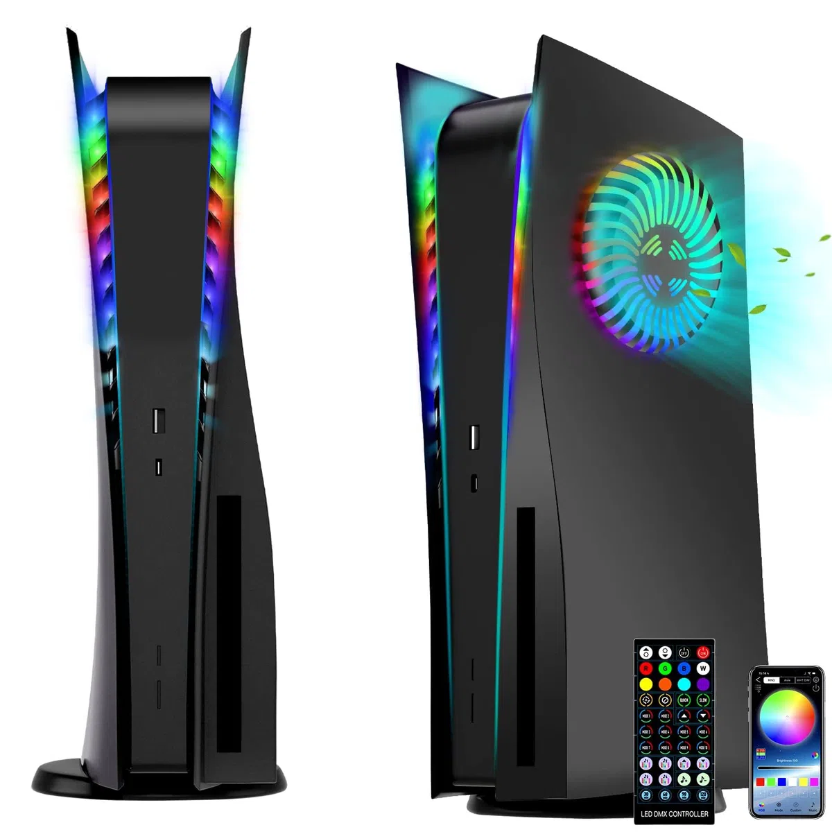 Para placas frontales PS5 con rejillas de ventilación de refrigeración, cubiertas de refrigeración Megadream, con luces RGB Paquete para Playstation 5 Disc Edition, color negro
