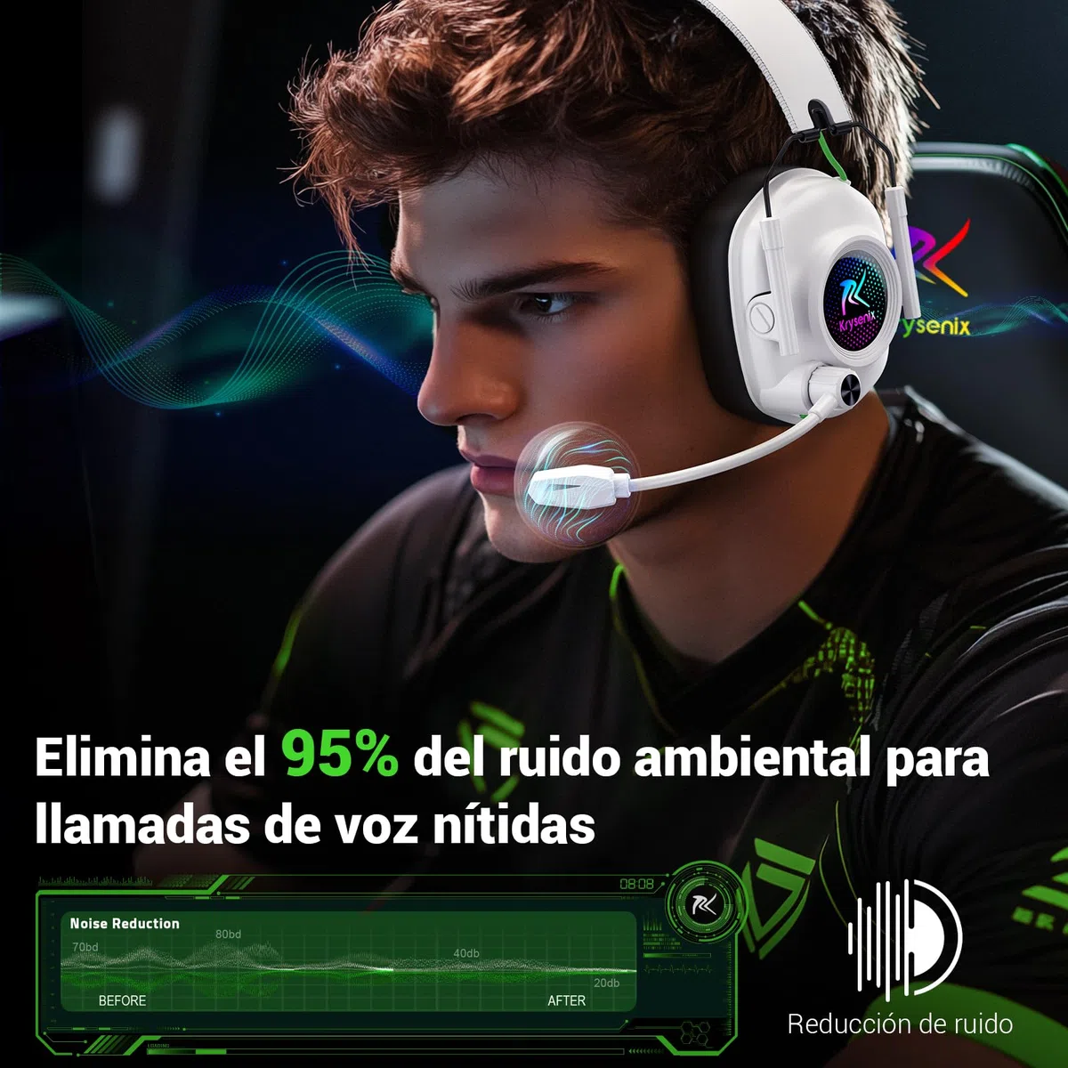Krysenix 2,4 GHz Cascos Gaming Inalámbricos para PS5, PS4, PC, Mac, Switch, Auriculares Inalámbricos Bluetooth 5.4 con micrófono, Cancelación de Ruido, Duración 40Hr, Luz LED, Blanco Puro