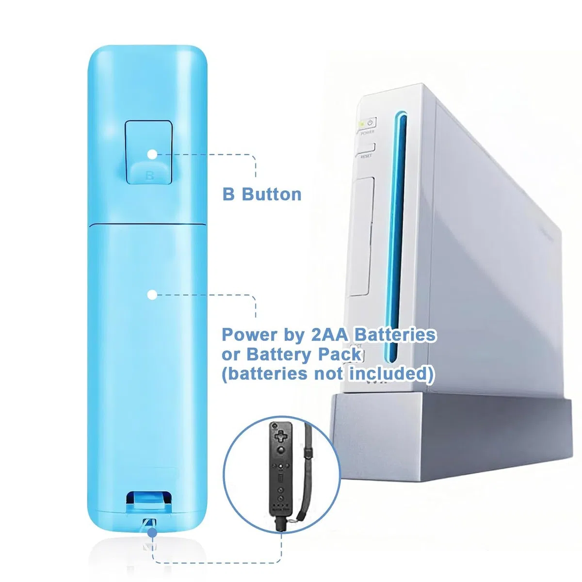 AUFGLO Wii Remote y Nunchuck compatible con Wii/Wii U - Incluye funda de silicona y correa para la muñeca (Rojo+Azul)