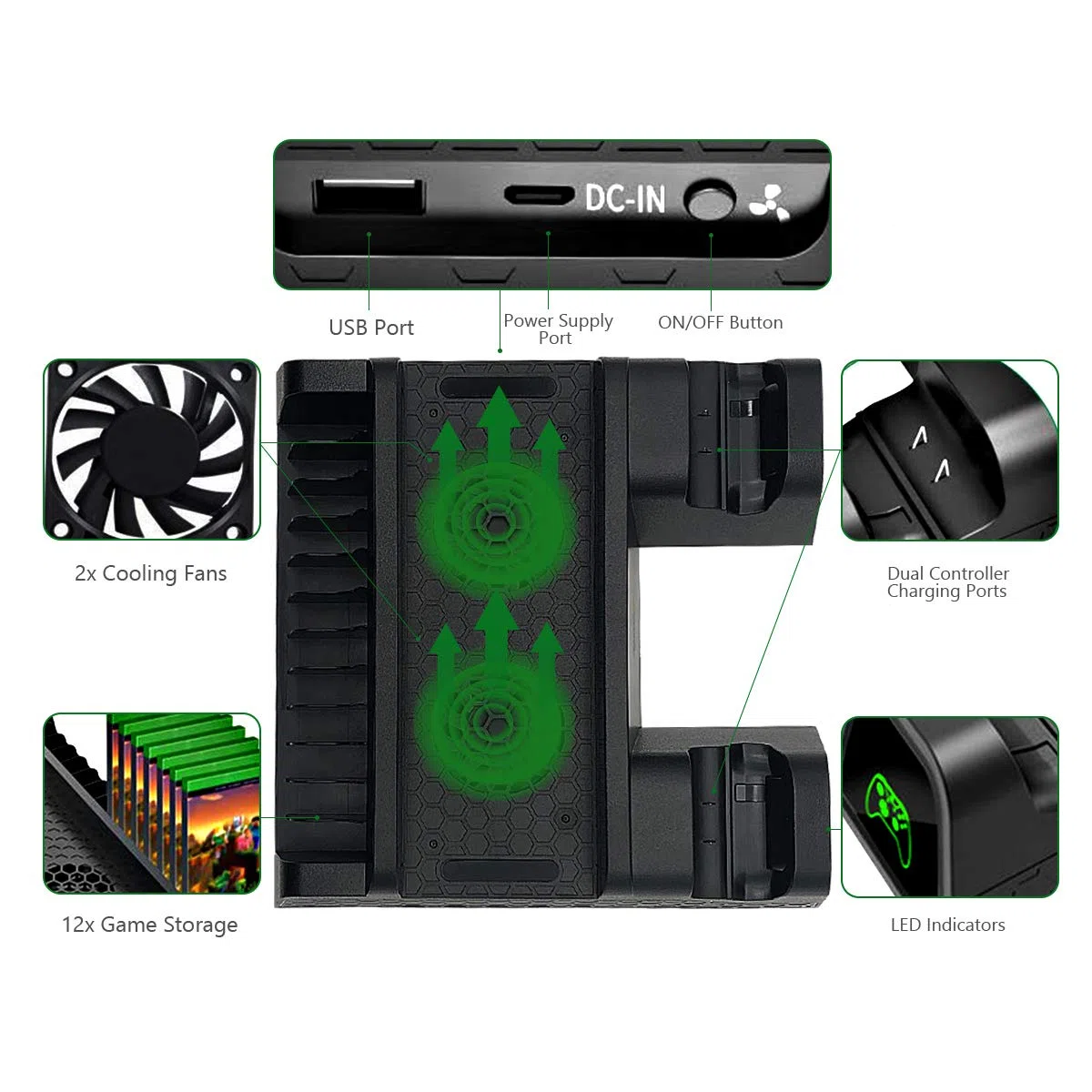 Soporte de refrigeración para Xbox One/One S/One X, estación de carga vertical con 2 baterías de 600 mAh, almacenamiento de juegos, estación de carga de doble mando