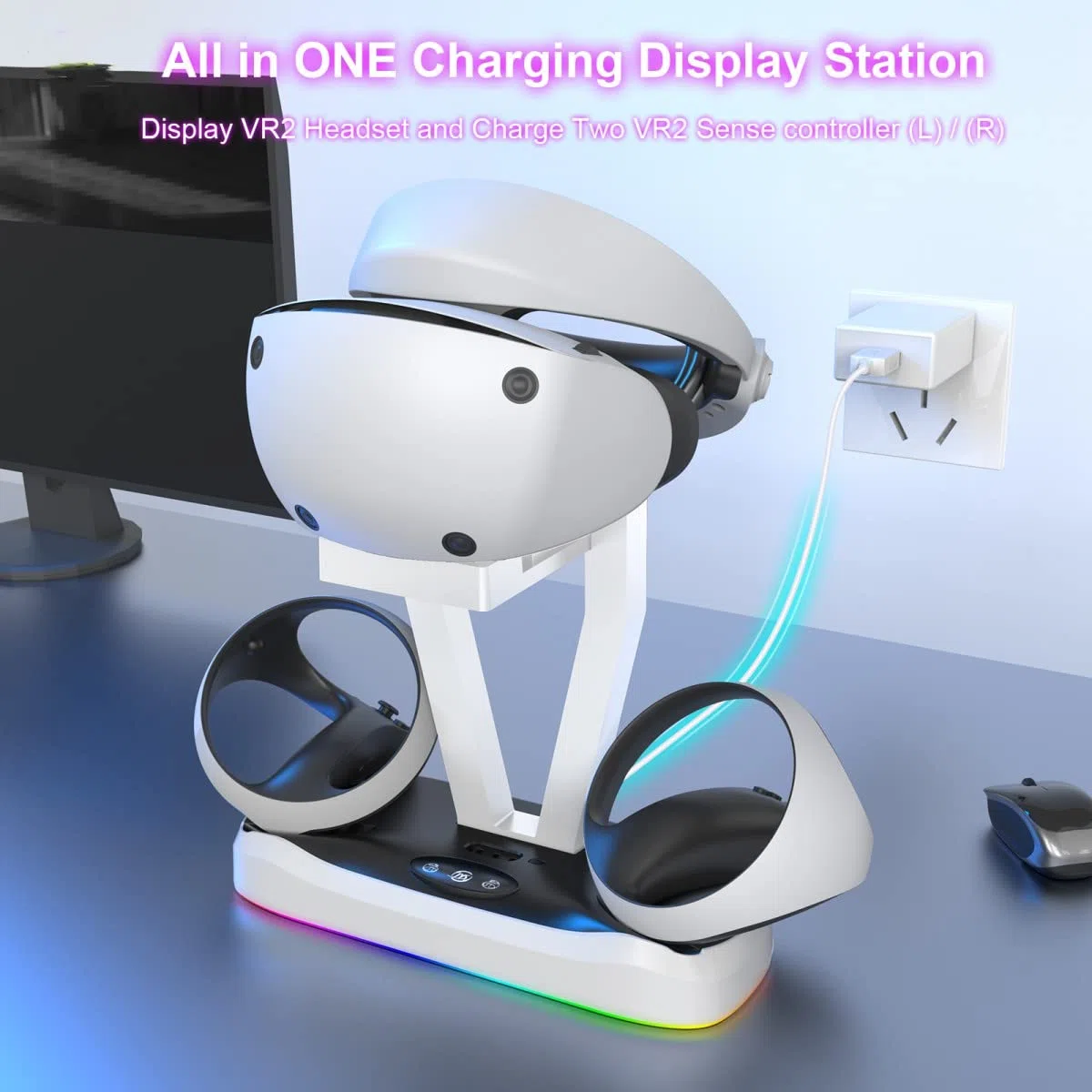EMEBAY Soporte y estación de carga con luces RGB para PS VR2, carga magnética, compatible con PlayStation PS VR2 JYS-P5155