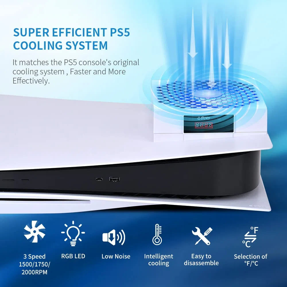 G-STORY Ventilador para PS5,Velocidad del ventilador ajustada automáticamente por la temperatura (℃/℉), Bajo ruido, 3 velocidades 1500/1750/2000RPM (140MM) con LED RGB