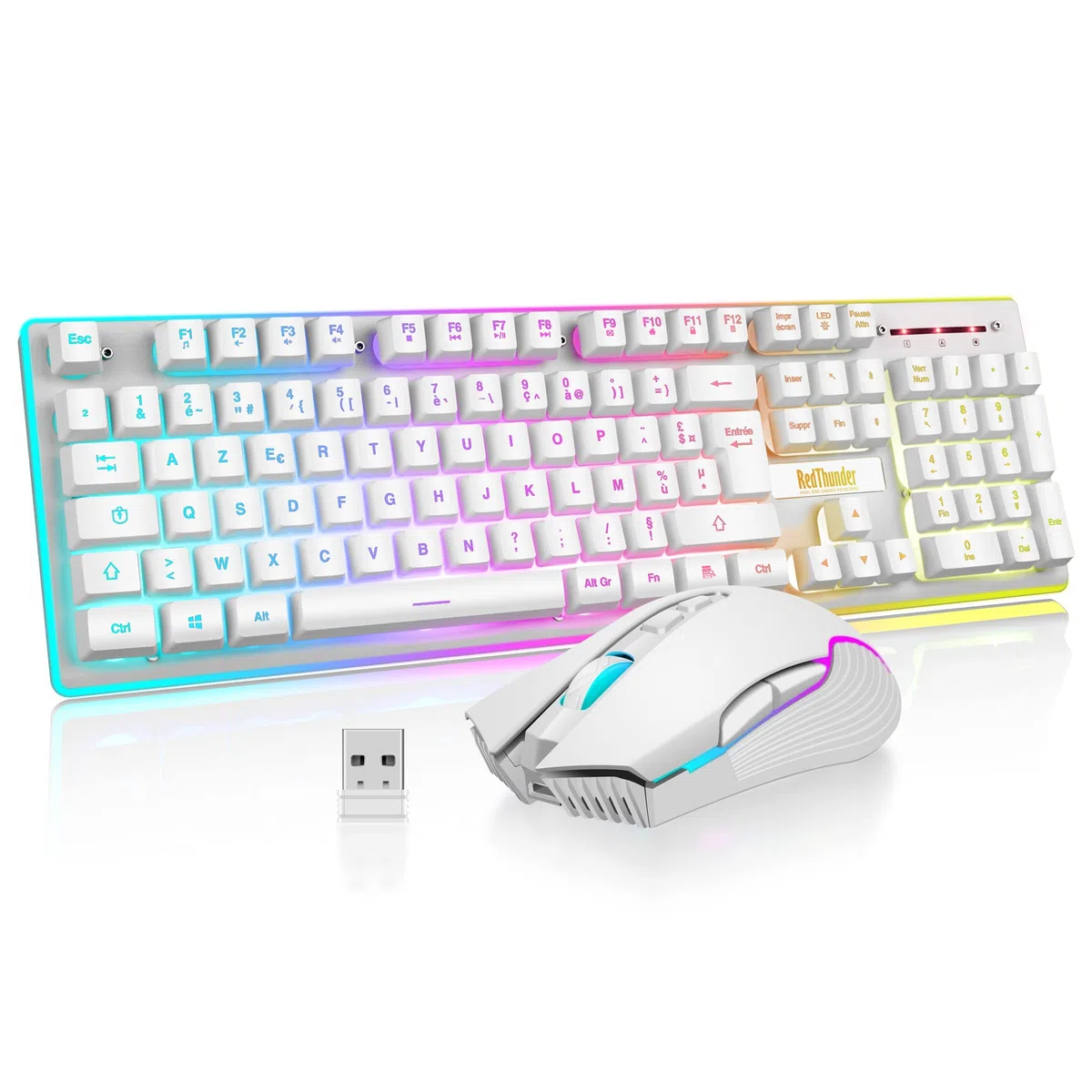 RedThunder K10 Teclado Gaming Sensación Mecánico Inalámbrico,Retroiluminación RGB,Batería Recargable de 3800 mAh, Anti-ghosting+Ratón 7D 3200DPI,AZERTY FR,para PC/PS5/Xbox-Blanco