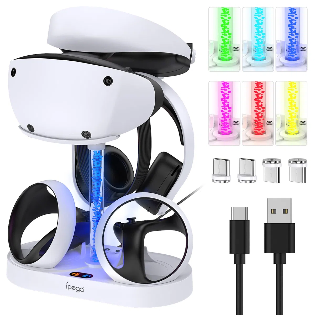 Estación de carga para PS VR2 con luz RGB, estación de carga vertical GORIXER Soporte de base para PSVR2 Headset-Display Accesorios para Playstation VR2 con 4 adaptadores magnéticos tipo C para