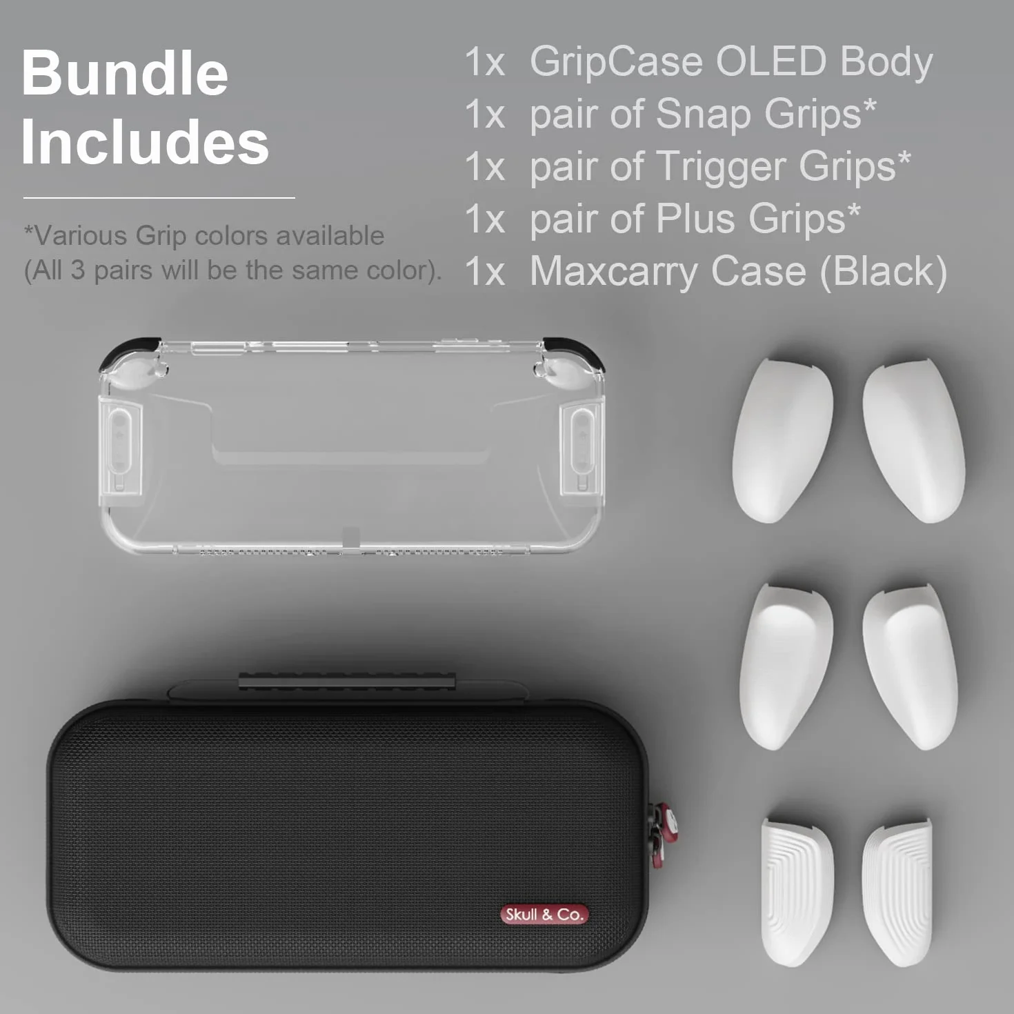 Skull & Co. GripCase OLED Bundle for Nintendo Switch OLED: A Dockable Transparent Protective Cover Case with Interchangeable Grips [to fit All Hands Sizes] [with Carrying Case]