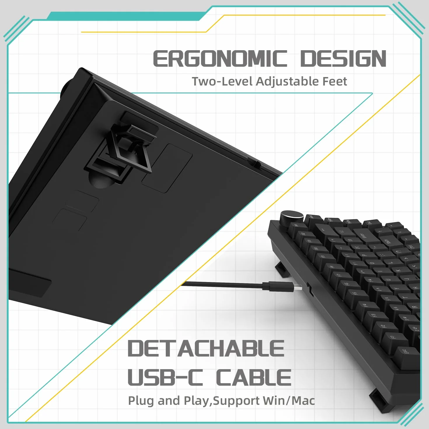 YINDIAO Ajazz AK820 Teclado Mecánico con Perilla,Diseño 75% ANSI,82 Teclas,Teclado para Juegos con Cable,5 Espumas Absorbentes de Sonido,Hot-Swap,Interruptor Rojo,Luz Blanca Hielo,para PC,Mac (Negro)
