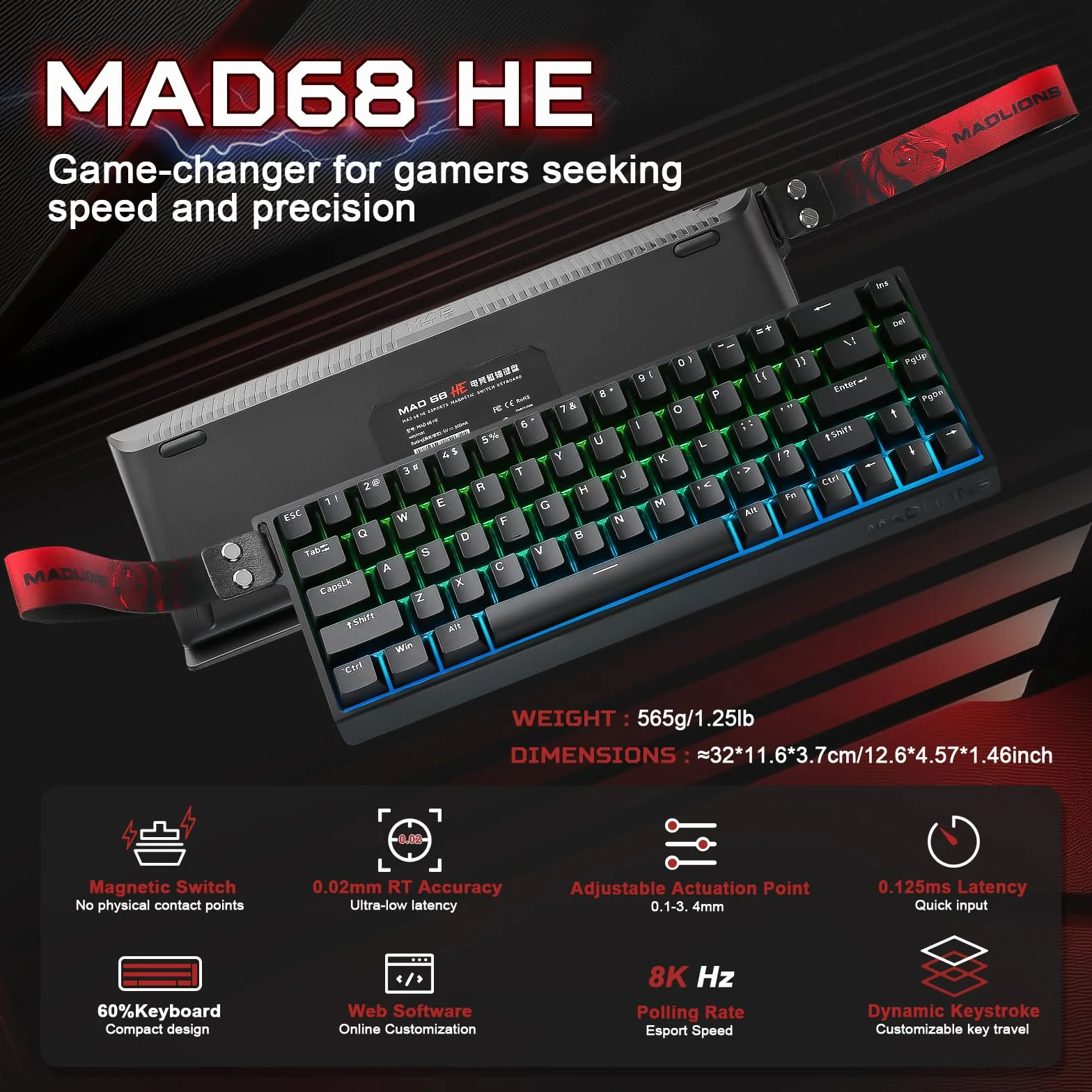 YUNZII x MADLIONS MAD68 HE 60% Teclado Gaming Magnético Cable con Rapid Trigger 8000Hz, Switch de Efecto Hall de Accionamiento Ajustable, Teclas PBT, Retroiluminación RGB, para Ordenador PC (Negro)