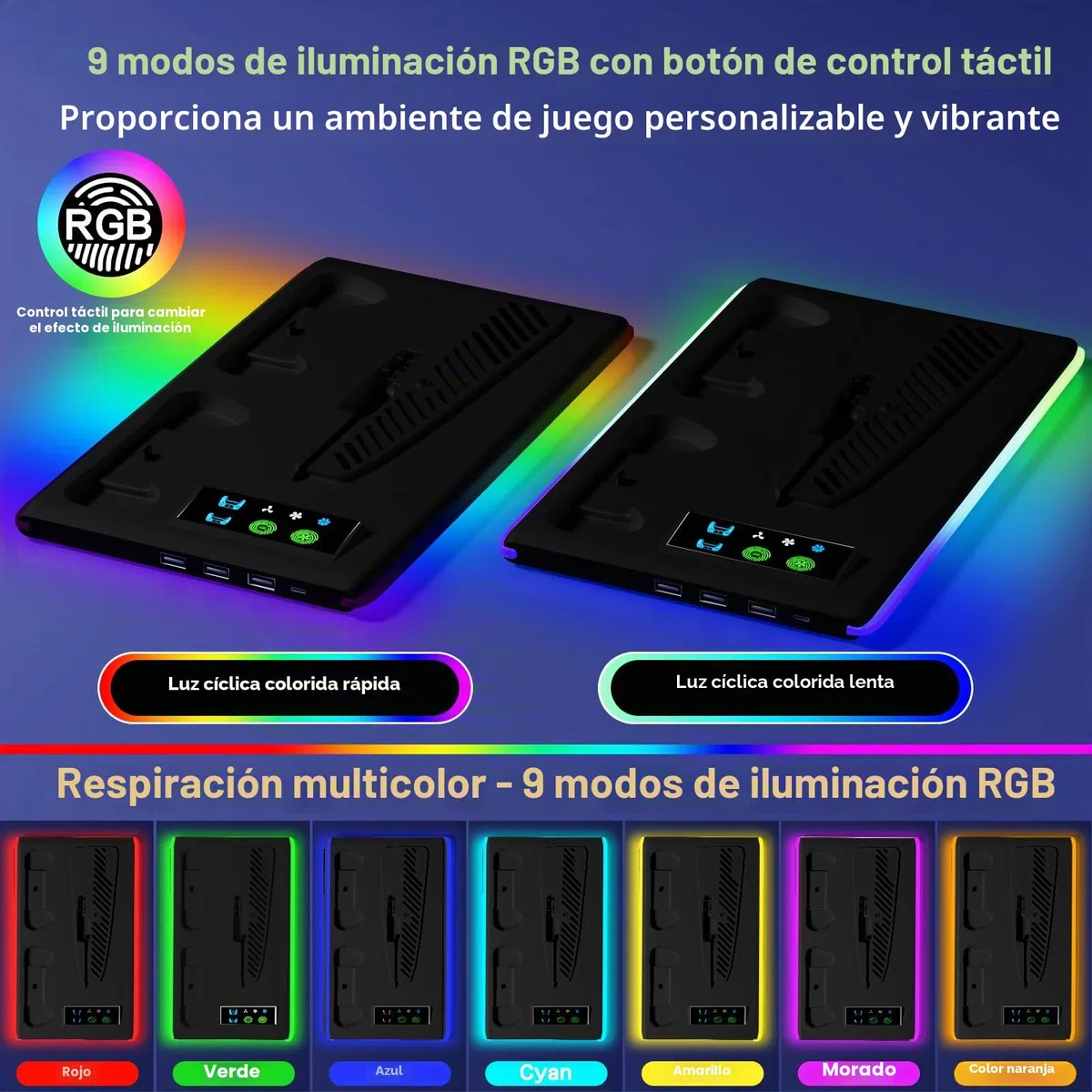 Soporte para PS5 y PS5 Slim con Ventilador de 3 Velocidades, Cargador para PS5 & Edge Mando con Luz RGB y 3 USB HUB, para Disc & Digital(Negro)