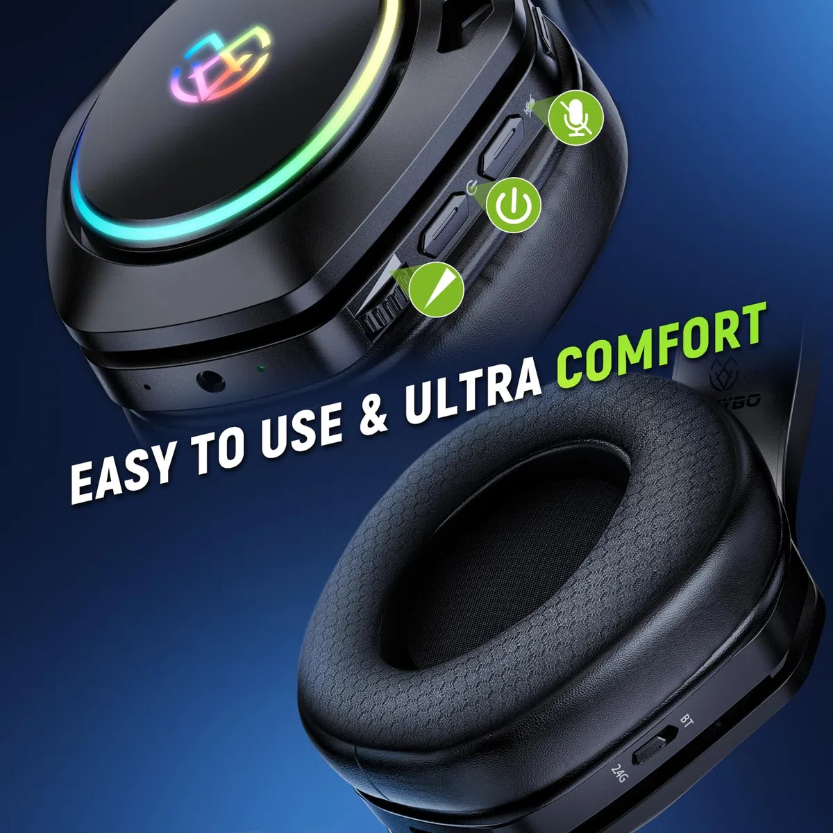 Tatybo Cascos Gaming Inalámbricos para PC/Ps5/Ps4, Auriculares Gaming Inalámbricos con 2,4 GHz+Bluetooth 5,3 Modo Dual, 7.1 Sonido Envolvente, Duración 40Hr+