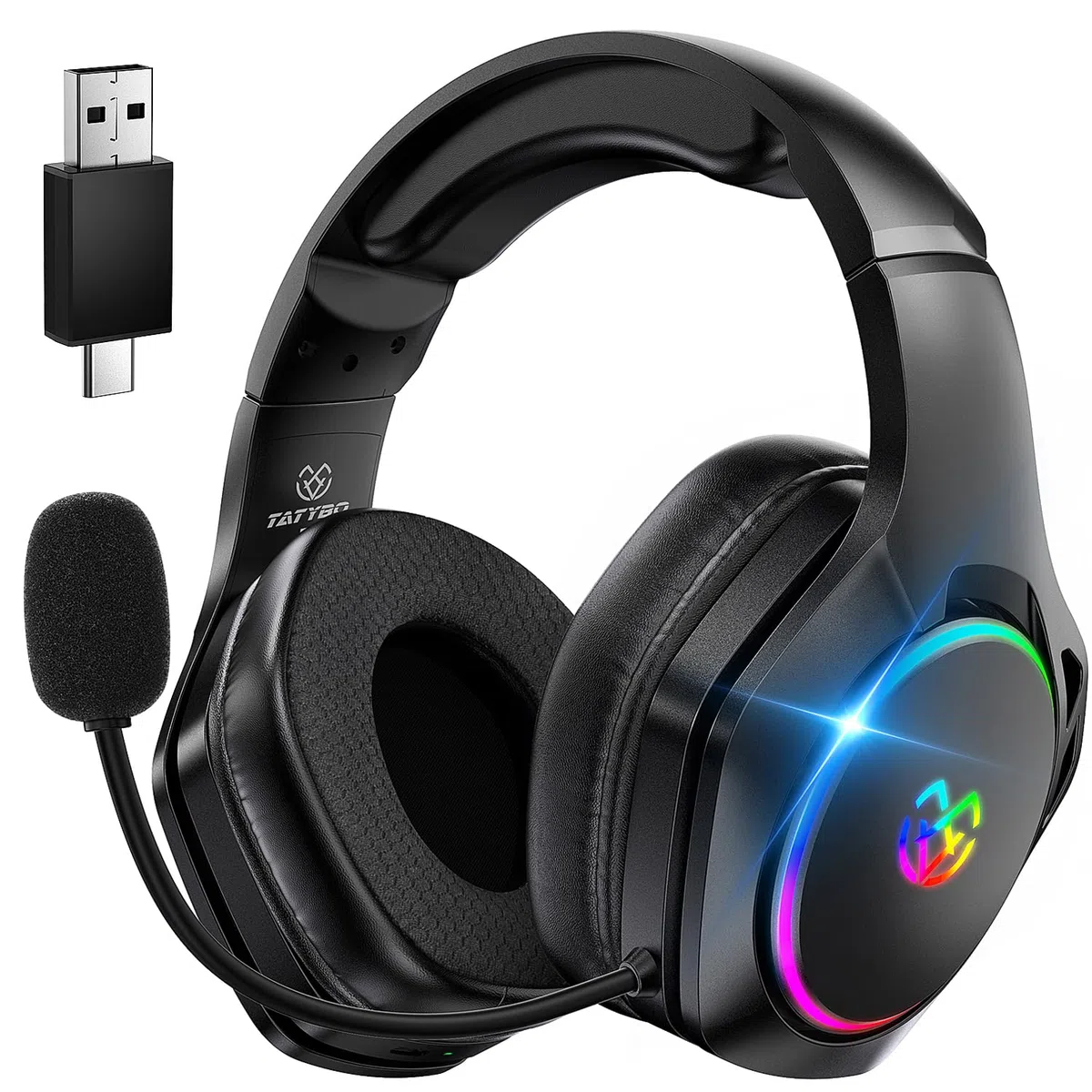 Tatybo Cascos Gaming Inalámbricos para PC/Ps5/Ps4, Auriculares Gaming Inalámbricos con 2,4 GHz+Bluetooth 5,3 Modo Dual, 7.1 Sonido Envolvente, Duración 40Hr+