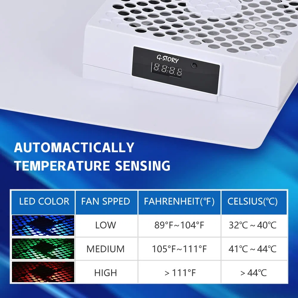 G-STORY Ventilador para PS5,Velocidad del ventilador ajustada automáticamente por la temperatura (℃/℉), Bajo ruido, 3 velocidades 1500/1750/2000RPM (140MM) con LED RGB