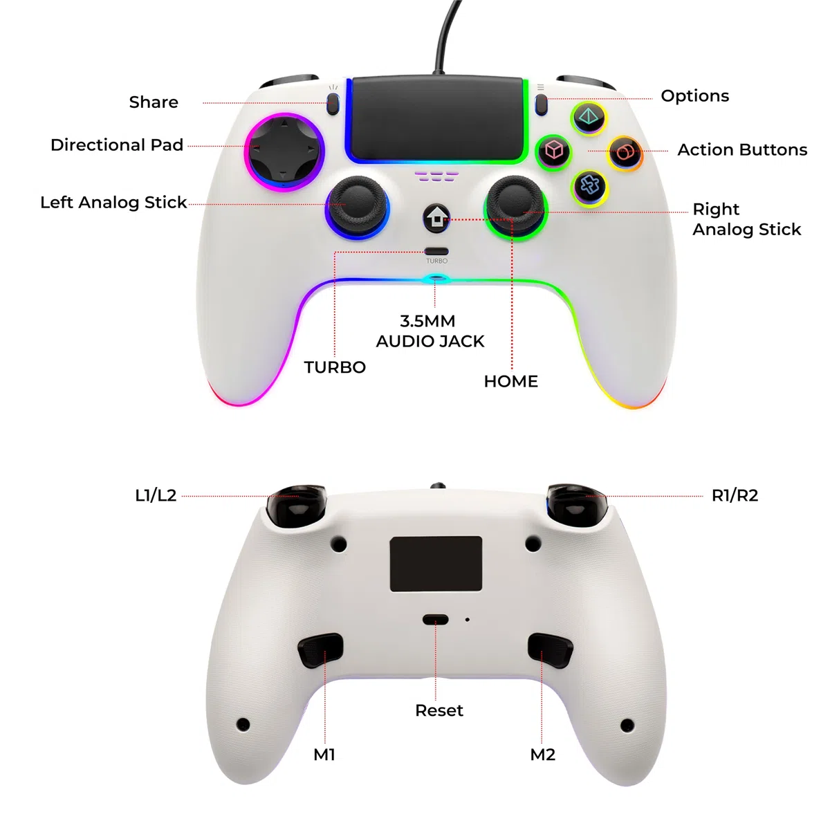 NITHO NOVA Mando con Cable Compatible con PS5/PC/MAC/Android/Steam Deck, Gamepad con Efecto Hall, Paletas Programables, Turbo, Giroscopio de 6 Ejes, Vibración Dual, Iluminación RGB & Jack de Audio
