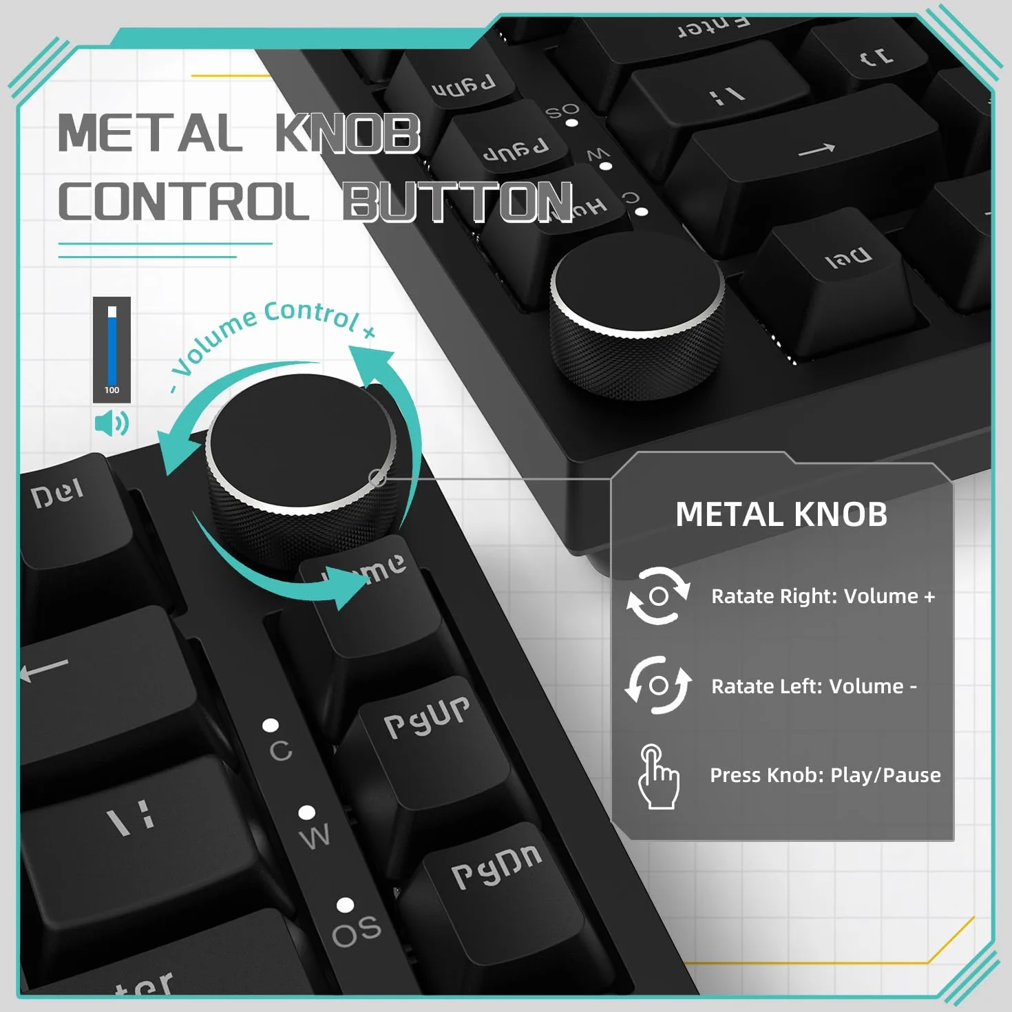 YINDIAO Ajazz AK820 Teclado Mecánico con Perilla,Diseño 75% ANSI,82 Teclas,Teclado para Juegos con Cable,5 Espumas Absorbentes de Sonido,Hot-Swap,Interruptor Rojo,Luz Blanca Hielo,para PC,Mac (Negro)
