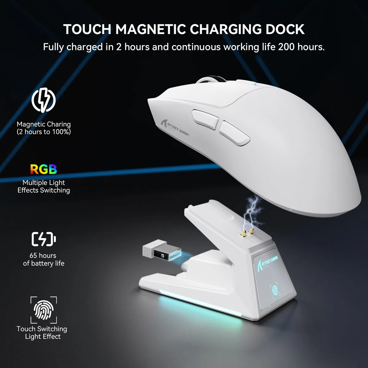 MAMBASNAKE x Attack Shark X1 Ratón Ligero para Juegos FPS con Base de Carga, 49g Superlight, Sensor PAW3395 Pro 40K dpi, Tasa de Sondeo de 1000Hz, BT/2,4G Inalámbrico/Cable, PC/Mac - Blanco