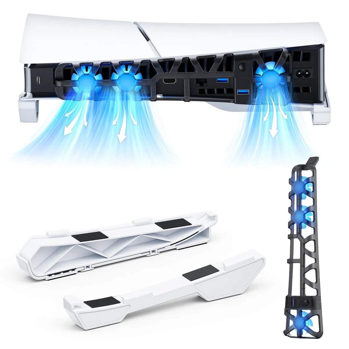 NexiGo PS5 - Soporte Horizontal Delgado con Ventilador de refrigeración silencioso Mejorado, Velocidad Ajustable, [bajo Nivel de Ruido], [Encendido y Apagado automático], Puerto USB 3.0, luz LED