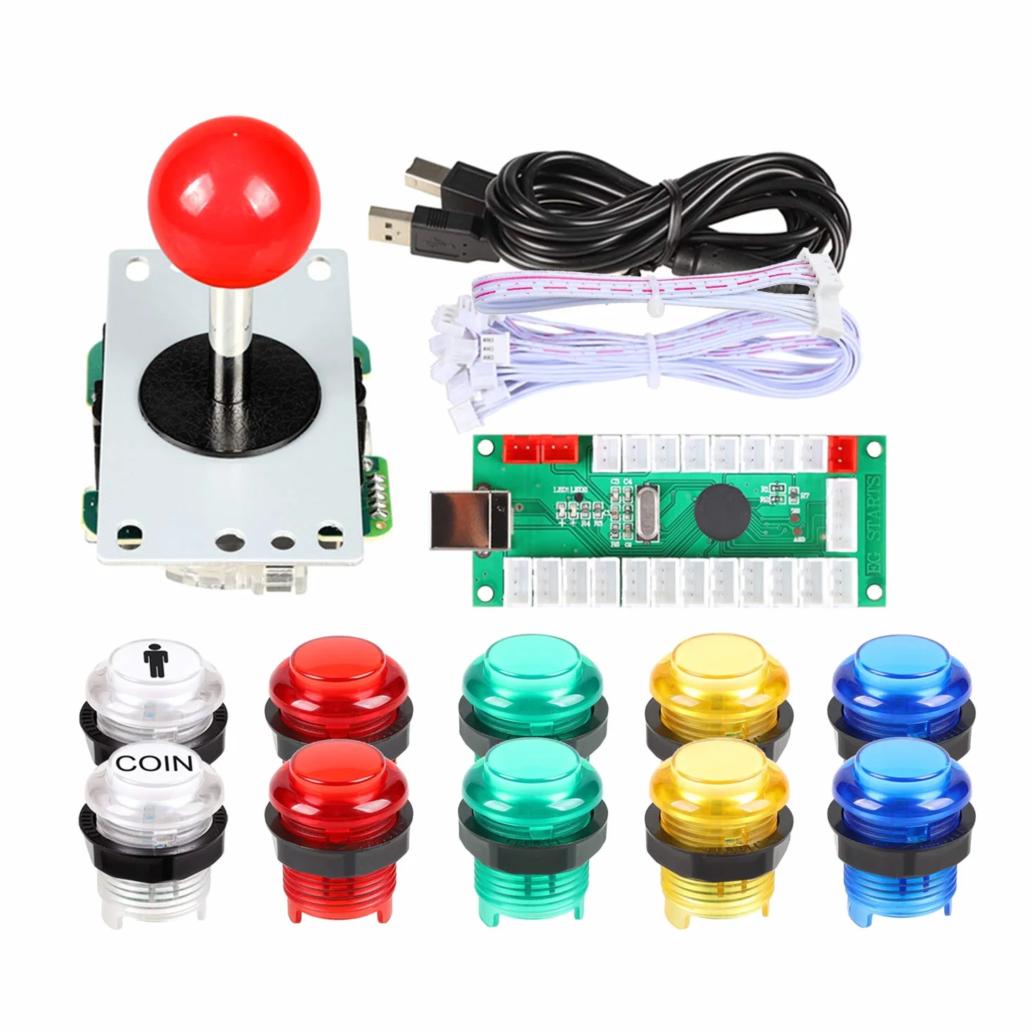1 reproductor USB codificador a PCArcade Joystick Red Top Ball + 10 x 5 V LED botones para juegos Mame Raspberry Pi