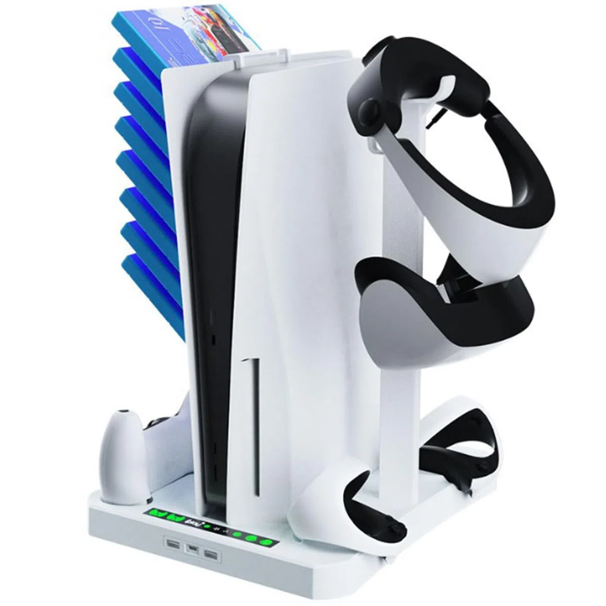Soporte y estación de refrigeración para PS5 y PS VR2 con estación de carga de controlador, soporte 3 en 1 PS5 con 2 ventiladores de refrigeración para 5 y VR2, soporte para auriculares,