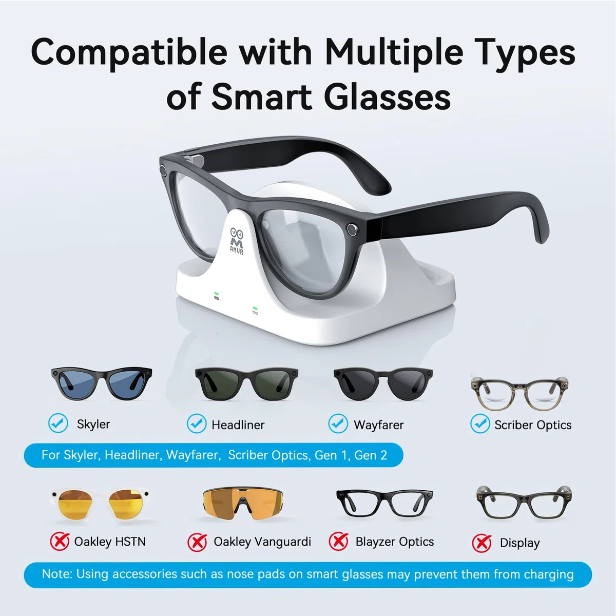 AMVR - Estación de carga magnética 2 en 1 compatible con Ray Ban Meta Wayfarer/Skyler/Headliner Smart Glasses Case Accesorios, cargador con indicador LED