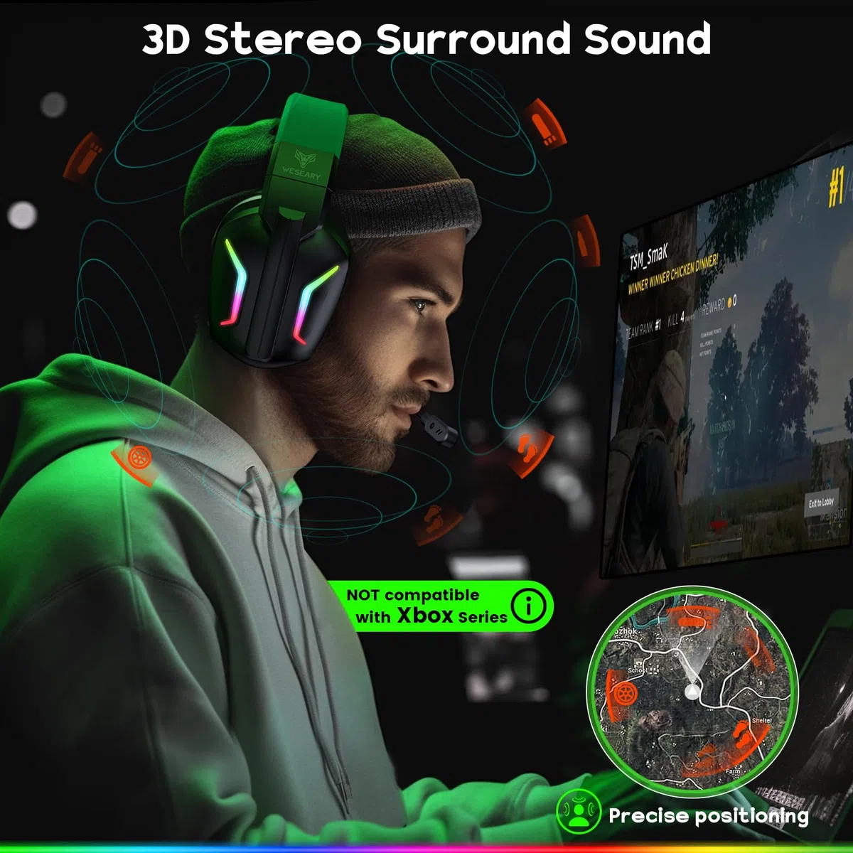 WESEARY WG1 Cascos Gaming Inalambricos, Auriculares Gaming Inalambricos para PS5, PS4, PC, Switch, Sonido Estéreo Auriculares Gaming con Microfono, Cascos con Luz LED, Duración 50Hr+