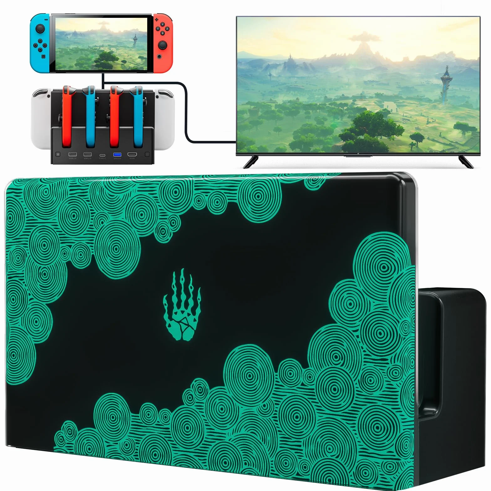 Switch TV Dock, Dock Switch Compatible con Nintendo Switch/OLED Cargador de Joypads, Base Switch con 4K/1080P HDMI, Carga Docking Station Multifuncional 7 Colores LED/Puertos USB 3.0, Negro