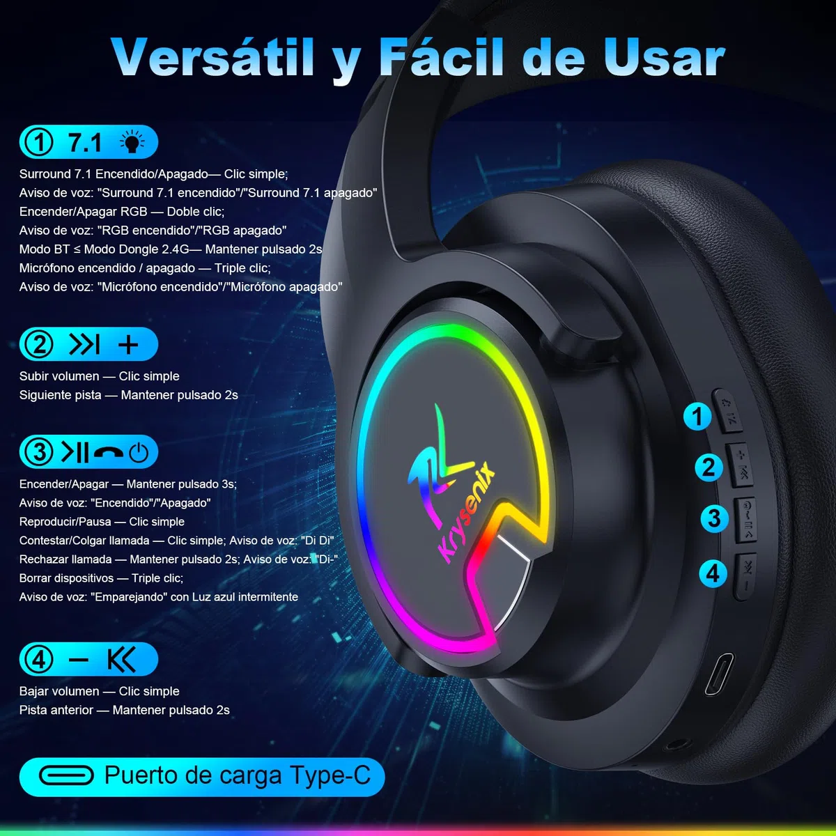 Krysenix PG3 2,4 GHz Cascos Gaming Inalámbricos para PS5, PS4, PC, Mac, Switch, Auriculares Inalámbricos Bluetooth 5.4 con micrófono Desmontable, 7.1 Sonido Envolvente, Duración 48Hr, Luz LED
