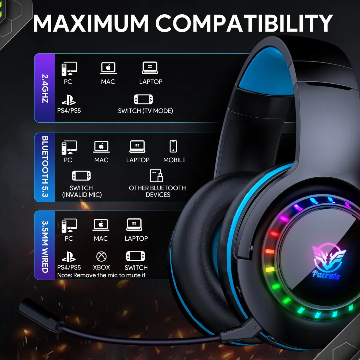 Pacrate 2.4 GHz Cascos Gaming Inalambricos para PS5 PS4 Pc Mac Switch, Auriculares Gaming Inalambricos Bluetooth con Micrófono Desmontable con Cancelación de Ruido, 3.5mm Cascos PS5 para Serie Xbox