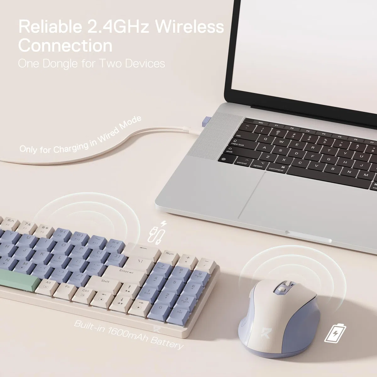 Redragon BS135 - Combo de teclado y mouse inalámbricos, 75% 78 teclas, 2.4 GHz, teclado mecánico inalámbrico de bajo perfil con batería recargable, luz negra azul única, mouse ergonómico de 2400 DPI